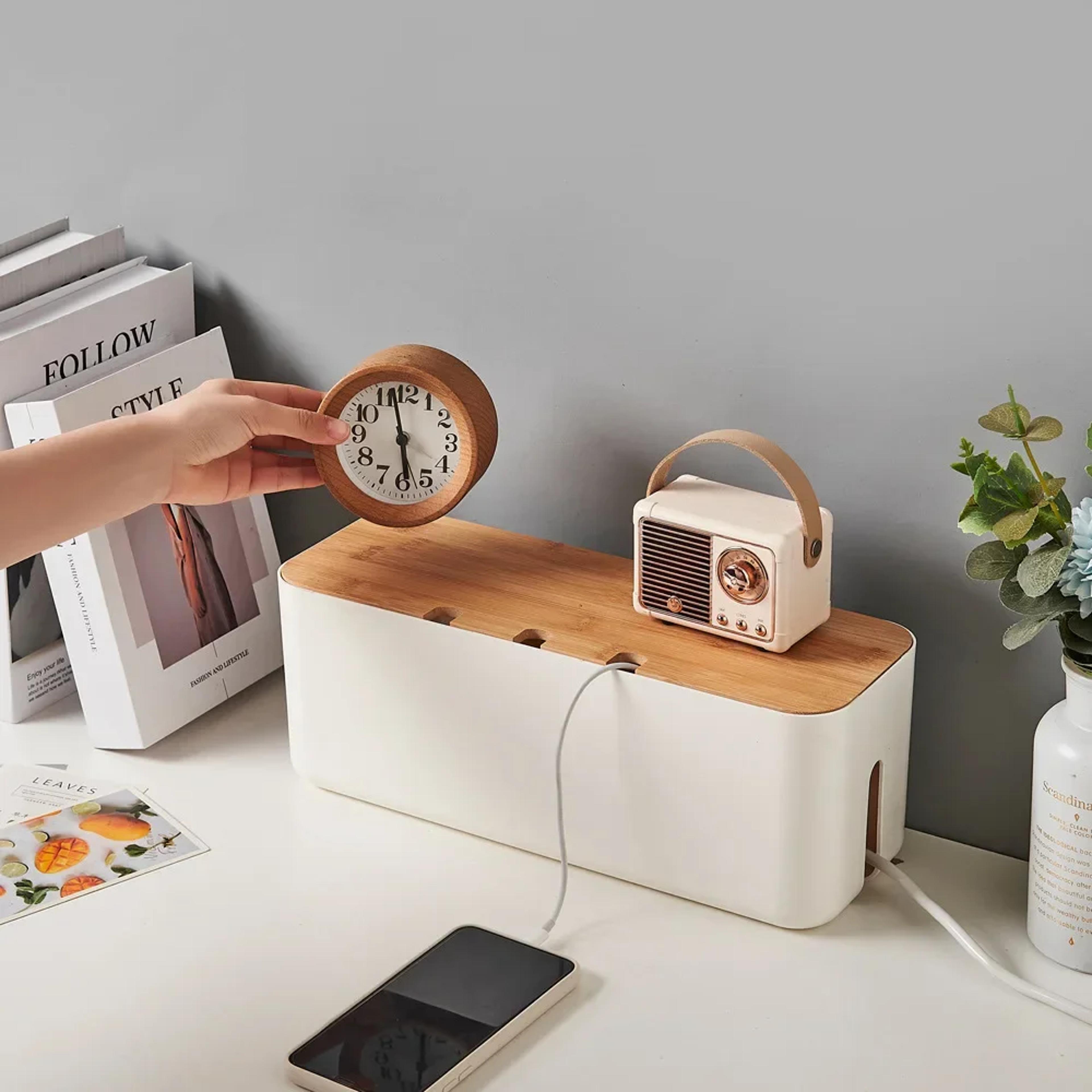 Bamboo Cover Cable Management Box Wire Junction Board Storage Box Hide Wires And Power Strips Desk  2
