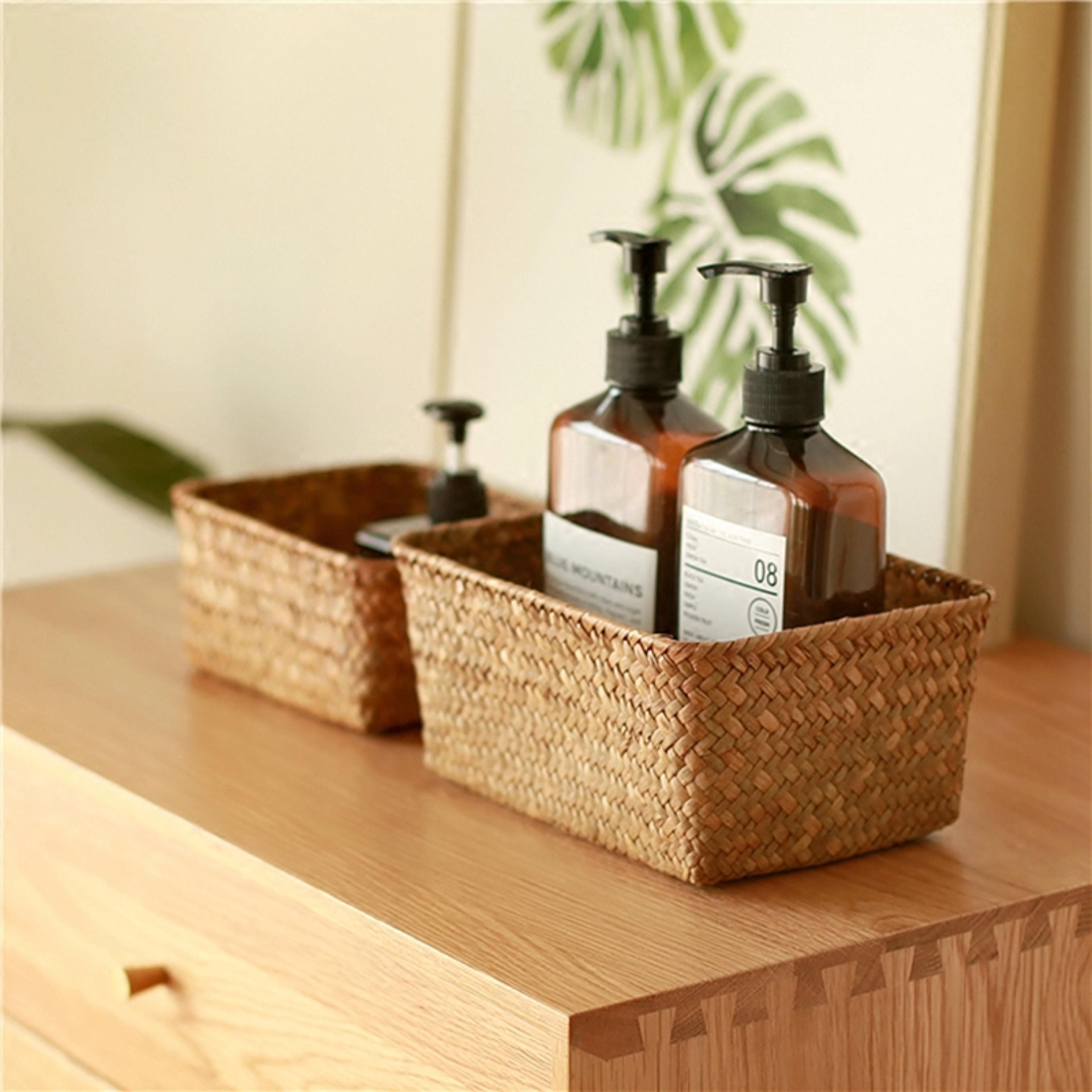 Woven Seagrass Wicker Storage Basket Rectangular Straw Rattan Basket Multipurpose Fruit Cosmetic Su 4