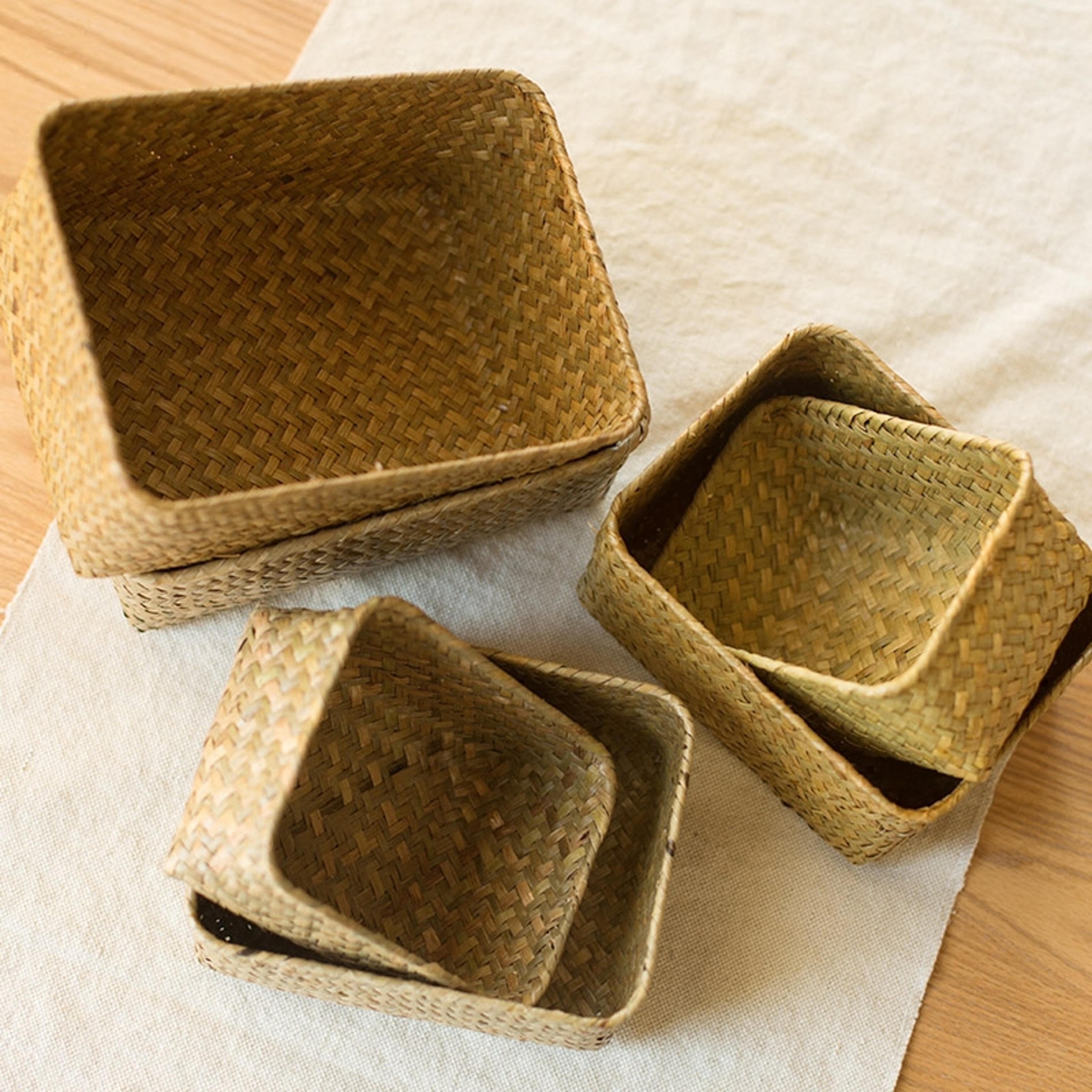 Woven Seagrass Wicker Storage Basket Rectangular Straw Rattan Basket Multipurpose Fruit Cosmetic Su 5