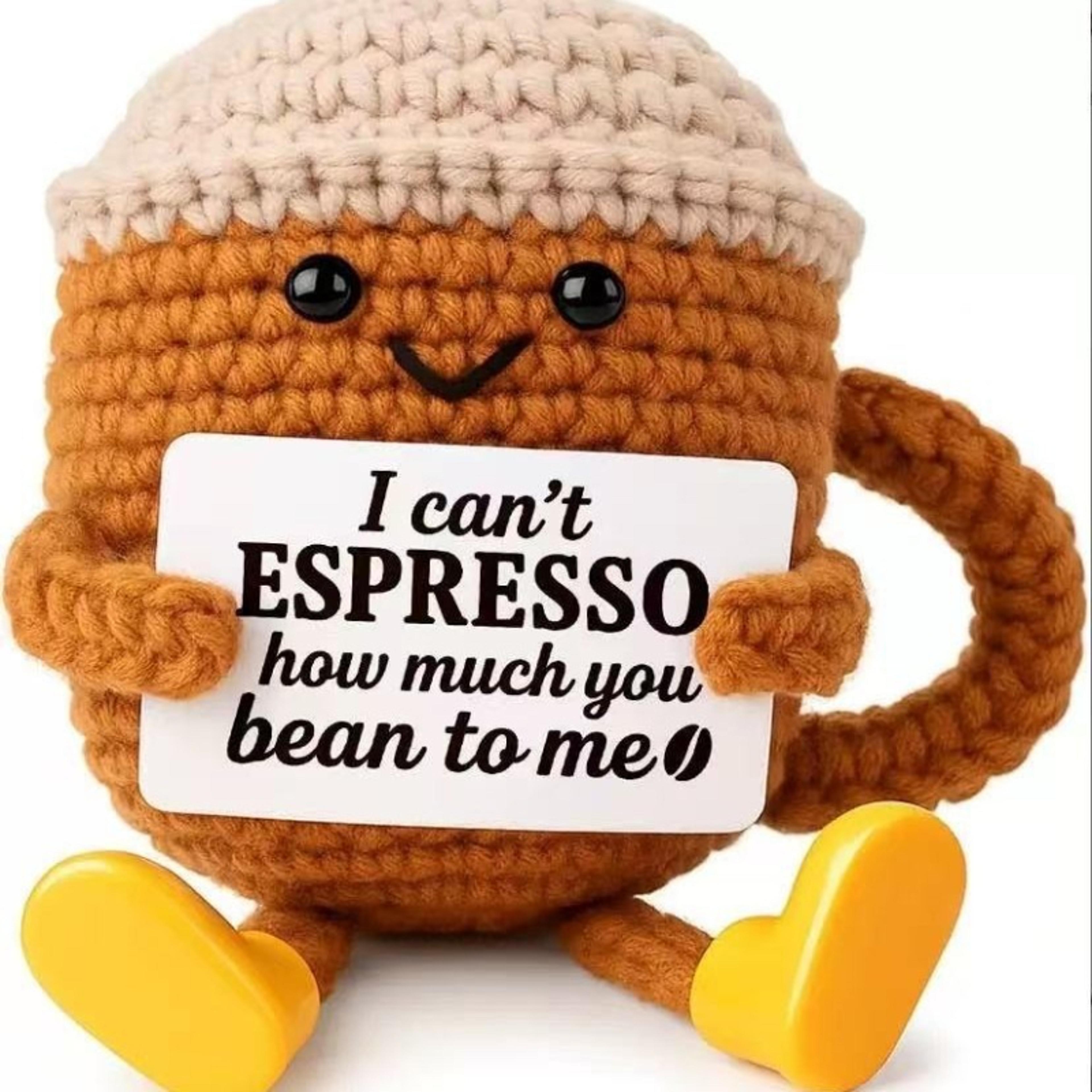 Funny Crochet Emotional Support Coffee Doll With Card Handmade Knitted Coffee Dolls Desktop Ornamen 2