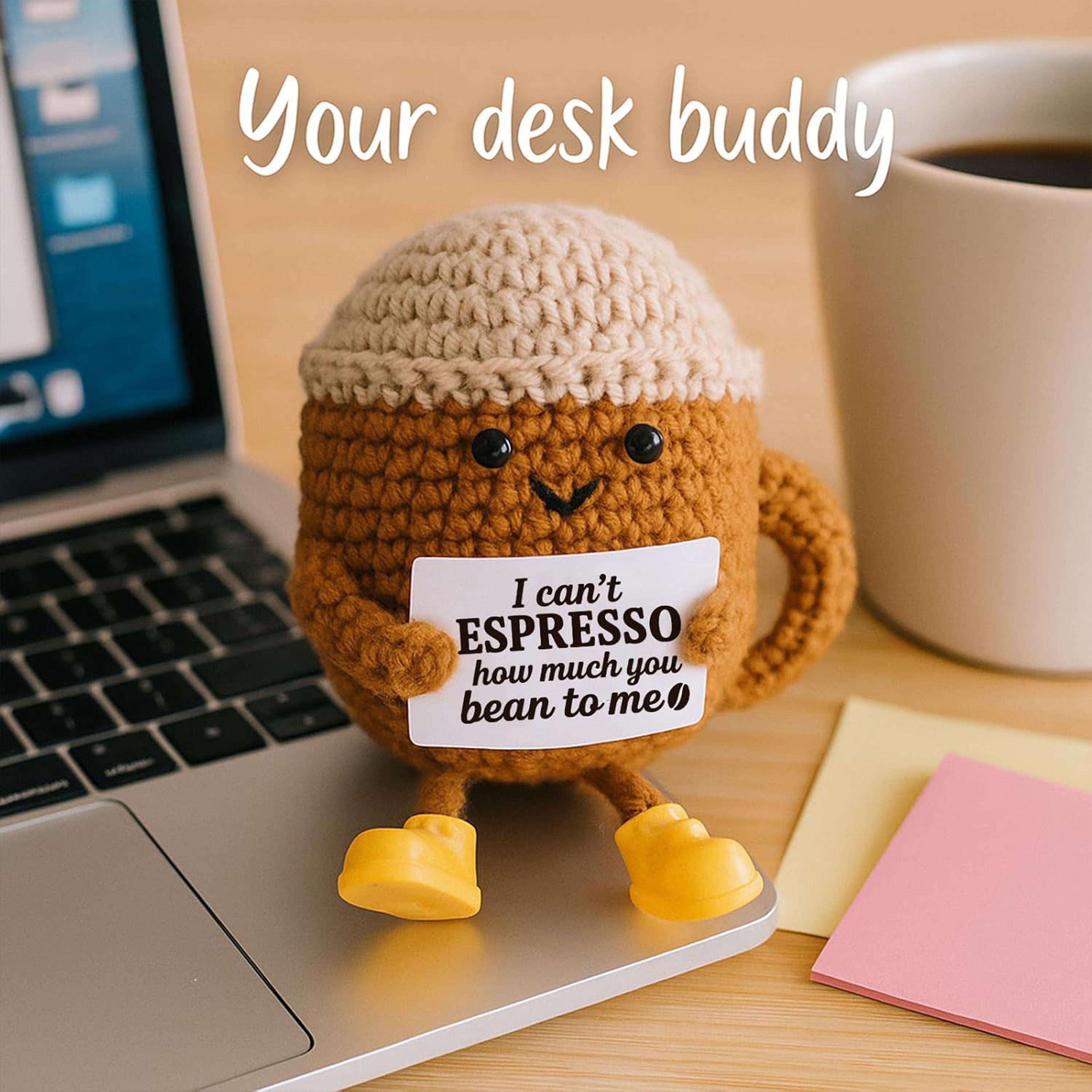 Funny Crochet Emotional Support Coffee Doll With Card Handmade Knitted Coffee Dolls Desktop Ornamen 3