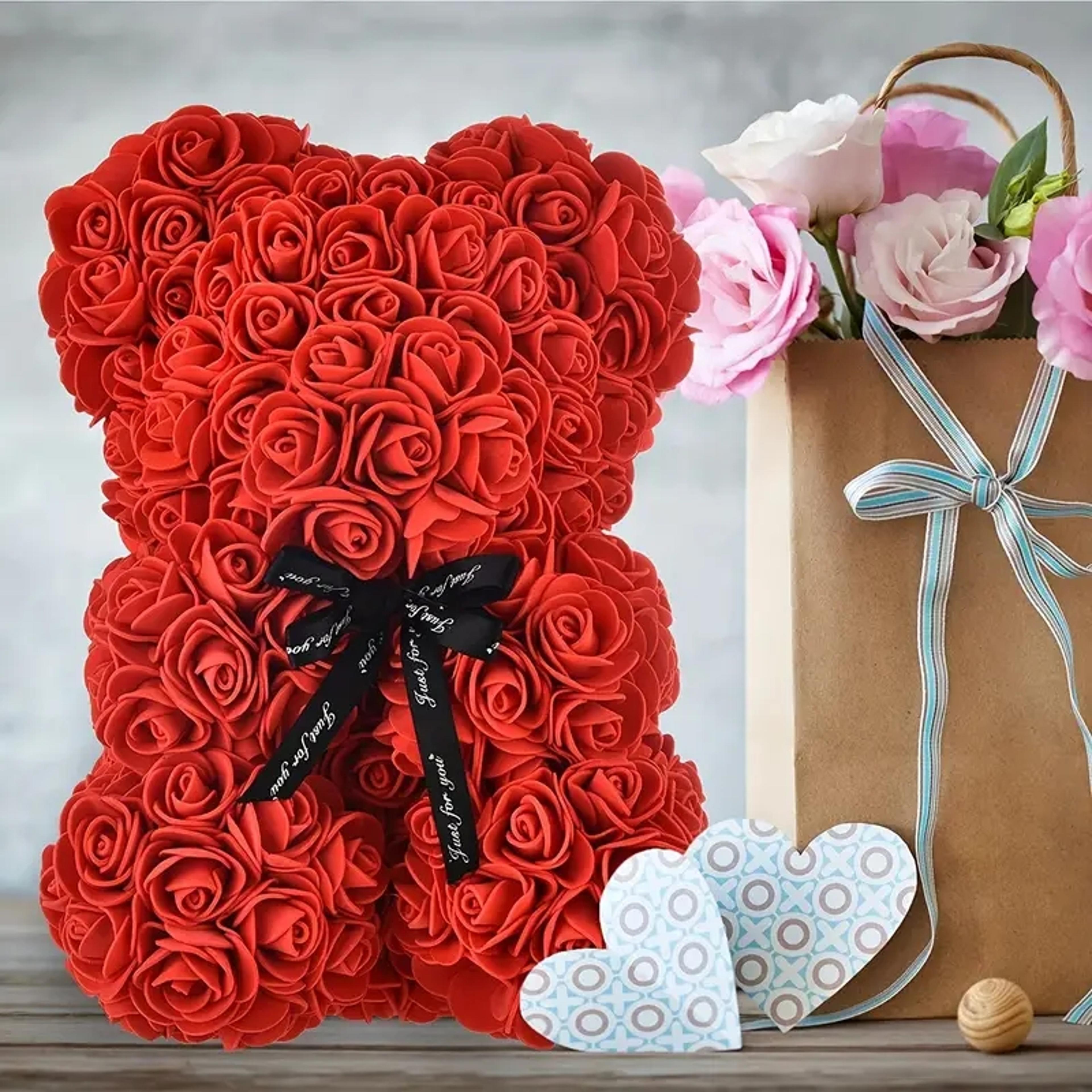 valentines rose bear gifts for her, red artificial flowers bear with rose bouquet, romantic gift for wife, girlfriend