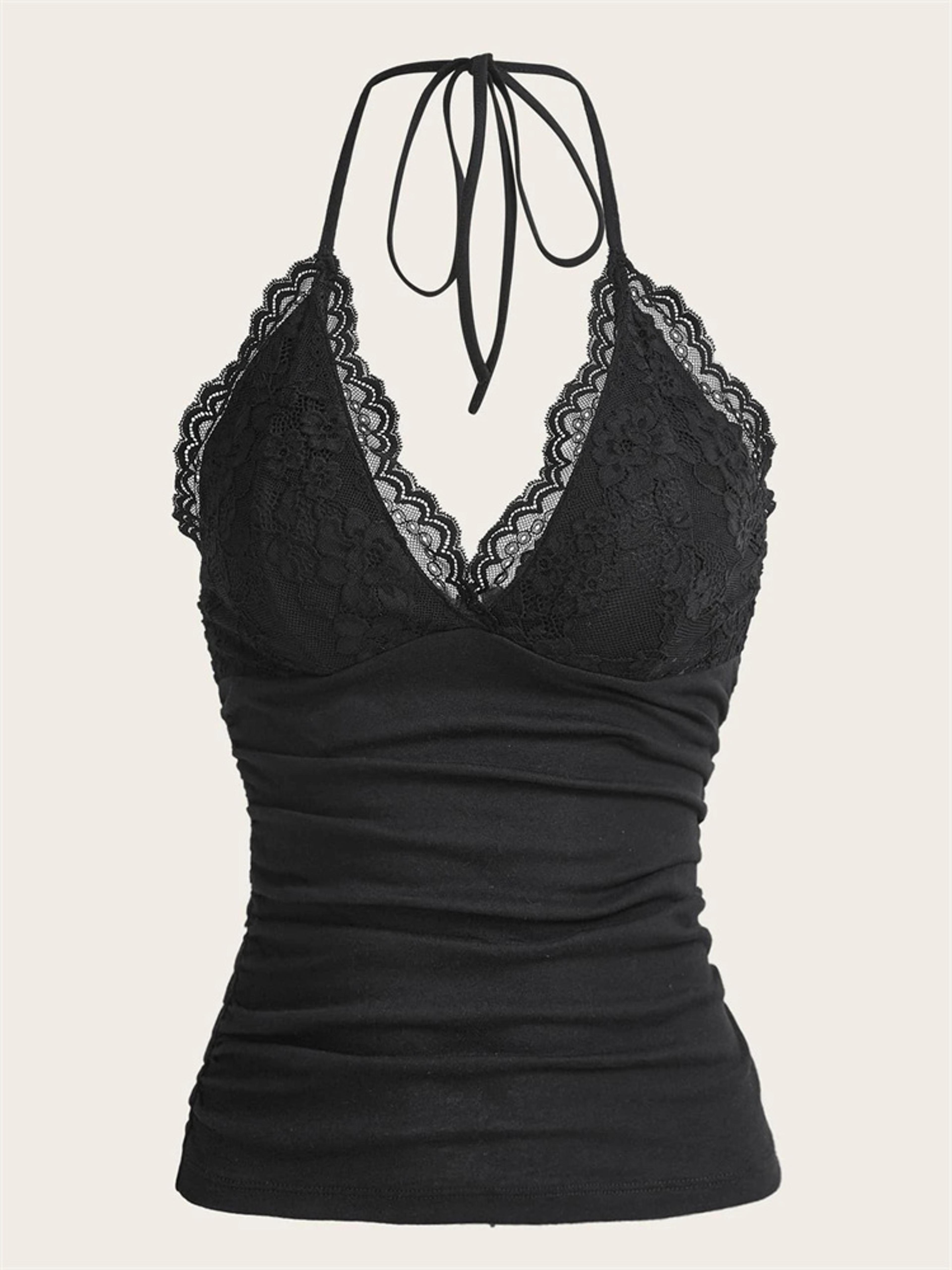 goth grunge punk black lace patchwork halter top, women summer solid ruched backless sleeveless tank top, streetwear