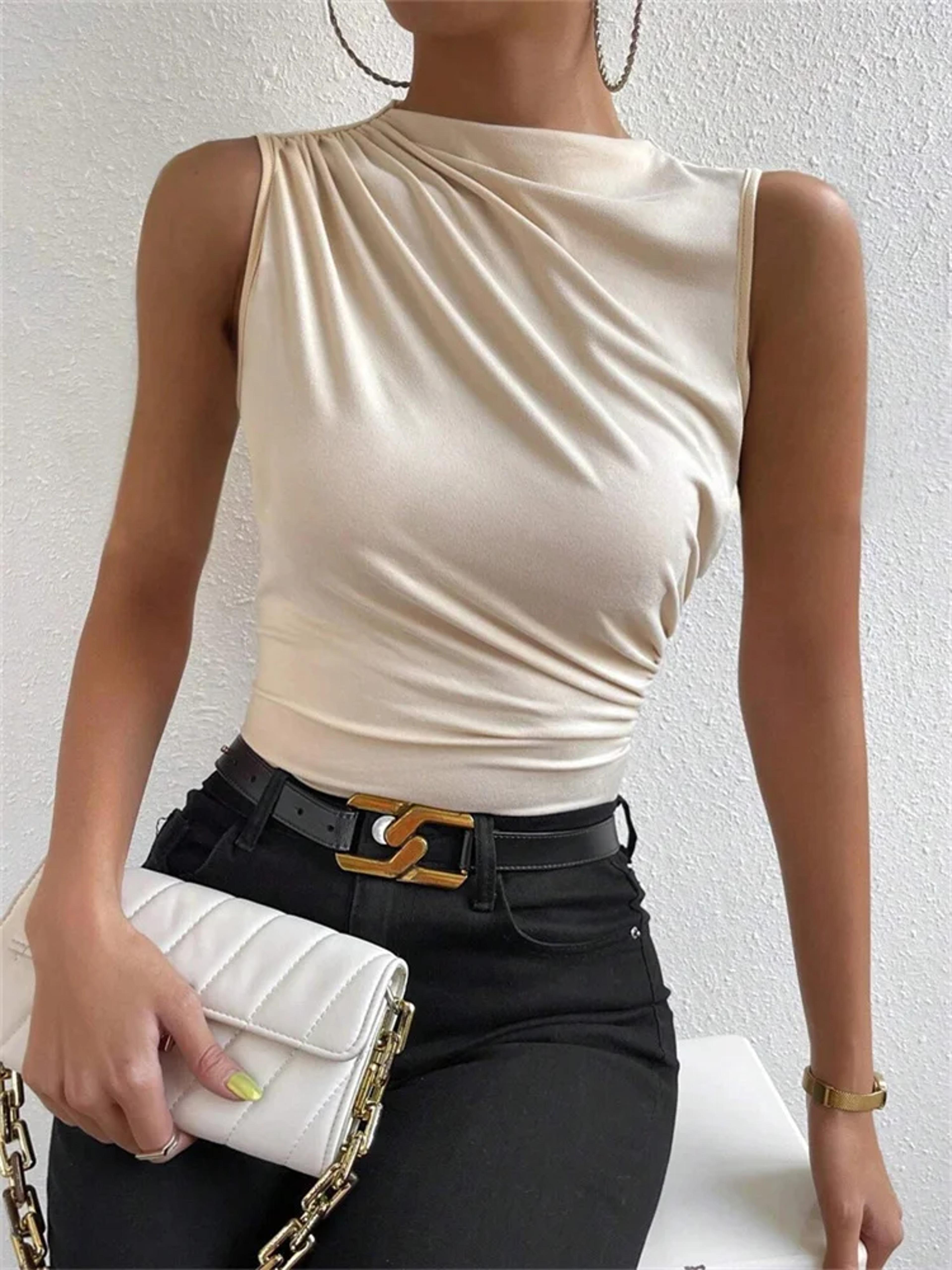 Fashion Casual Mock Neck Ruched Tank Top For Women Summer Solid Color Pleated Sleeveless Tee Shirt  9