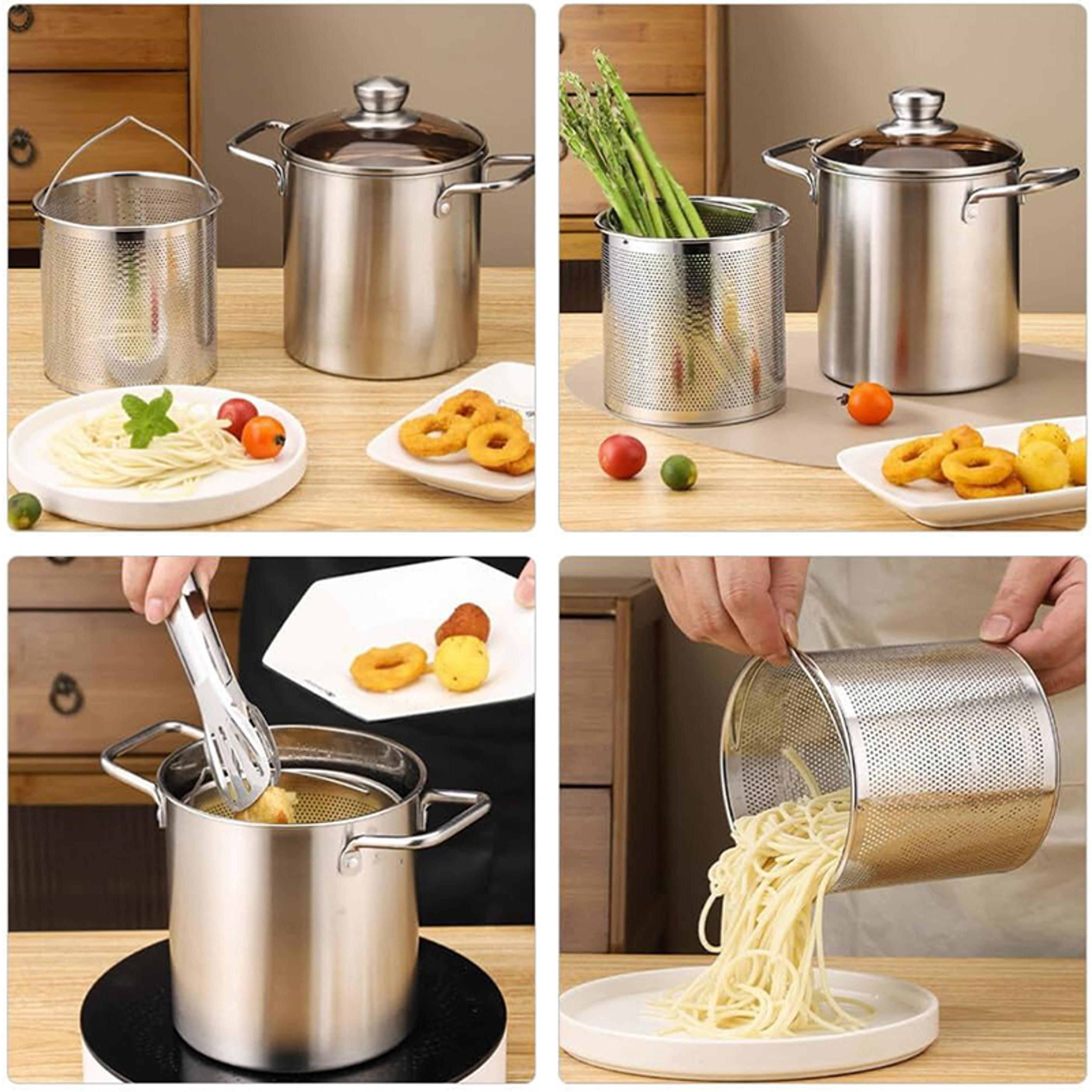 Deep Fryer Pot Stainless Steel Frying Pot With Mesh Steamer Basket Tempura Fryer Pot With Lid And T 7