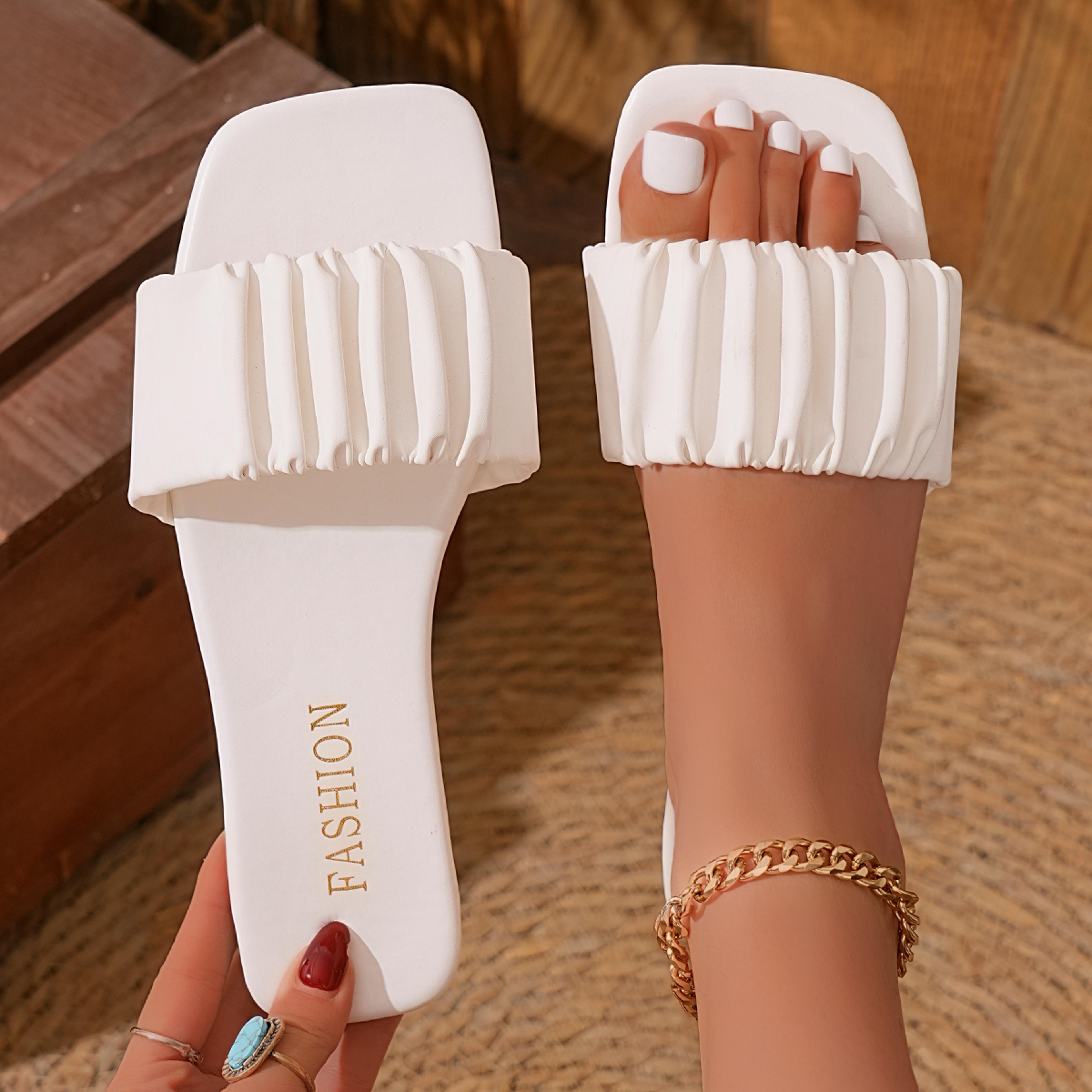 Summer Womens Slippers Simple Pleated Flip Flop Casual Beach Shoes Open Toe Flat Heel Outdoor Sanda 8