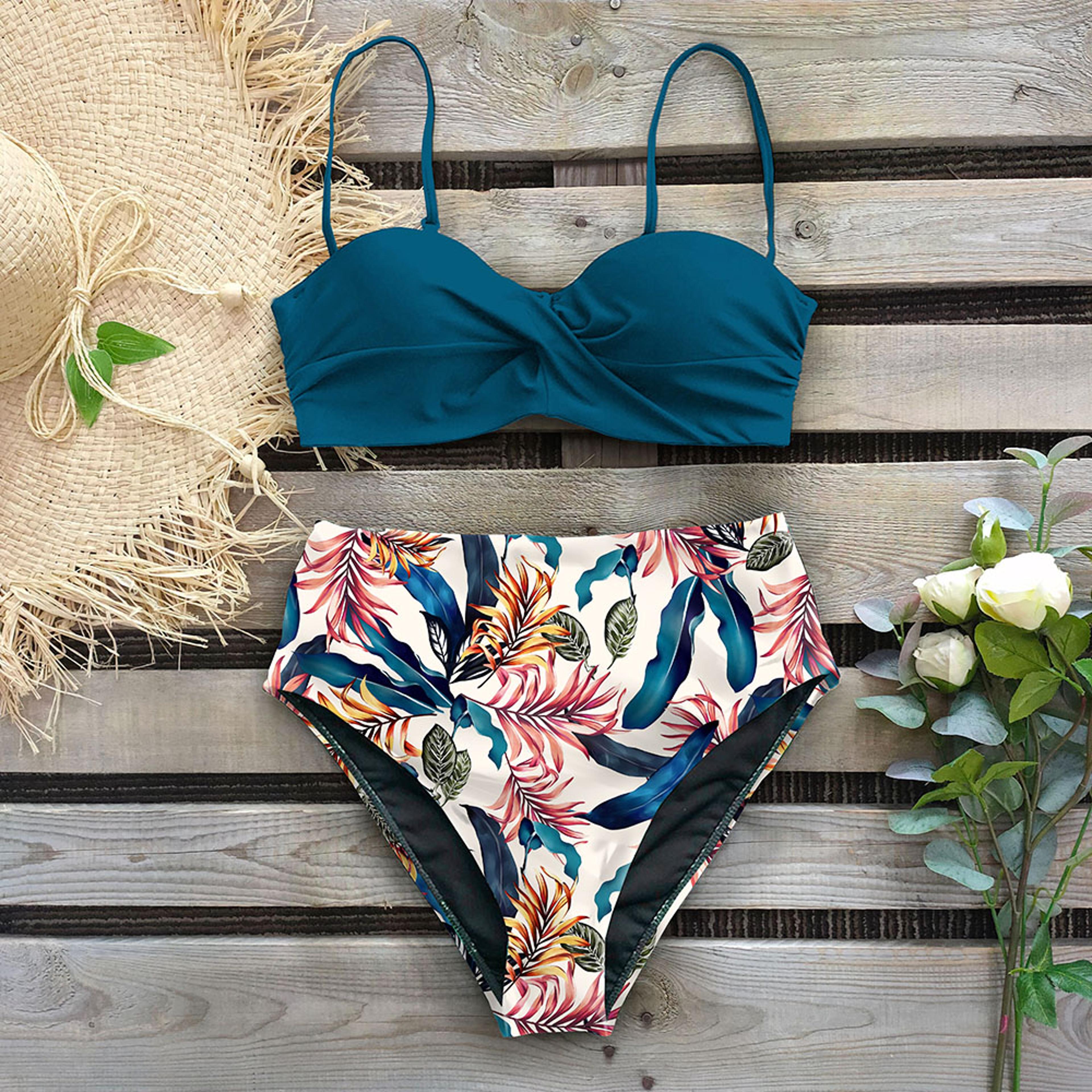 High Waist Bikini Set Women Sexy Bikini Flower Swimwear Vintage Halter Neck Swimsuit Deep Blue Bath