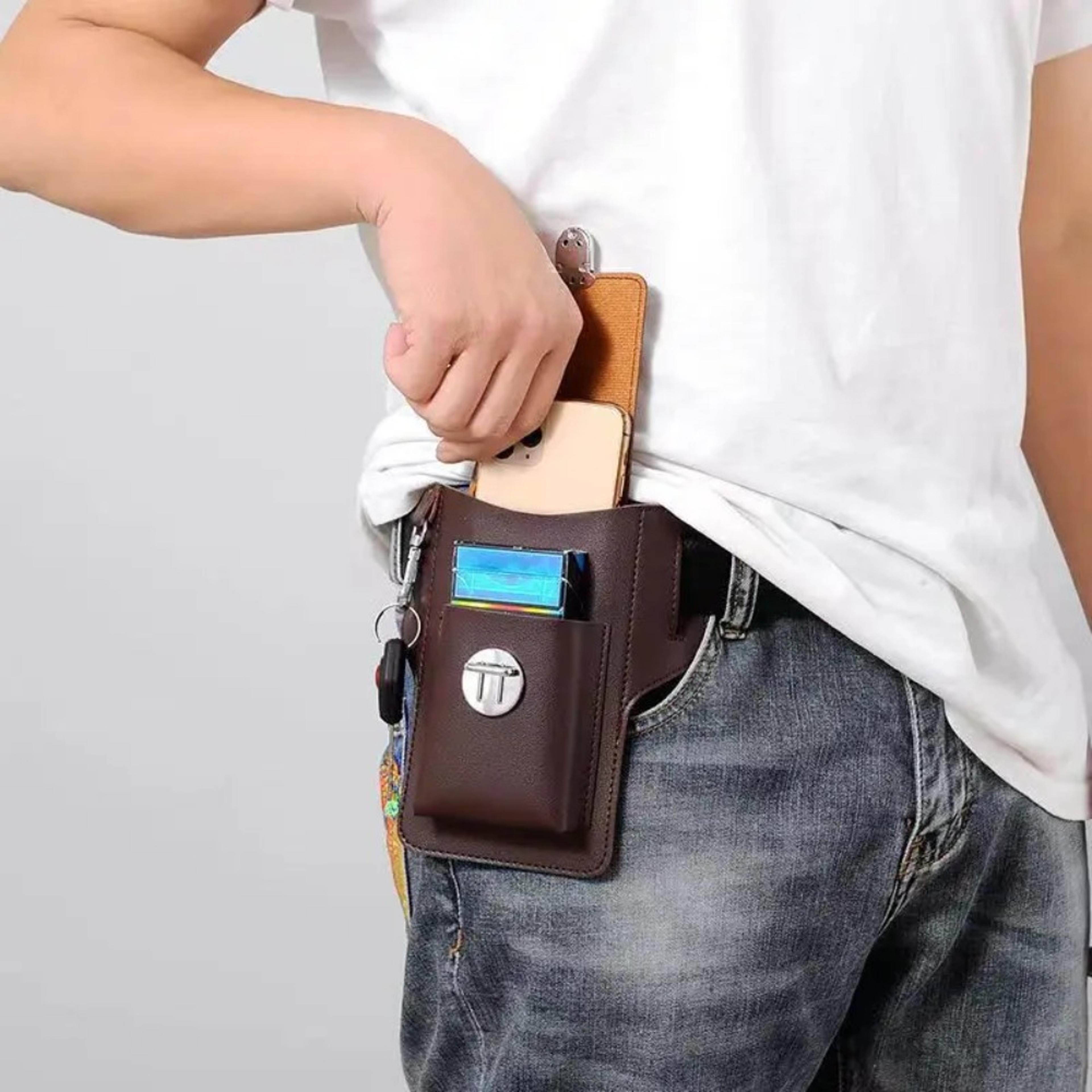 Mens Belt Leather Case Vertical Phone Waistpack Multifunctional Portable Card Bag PU Leather Keyed 2