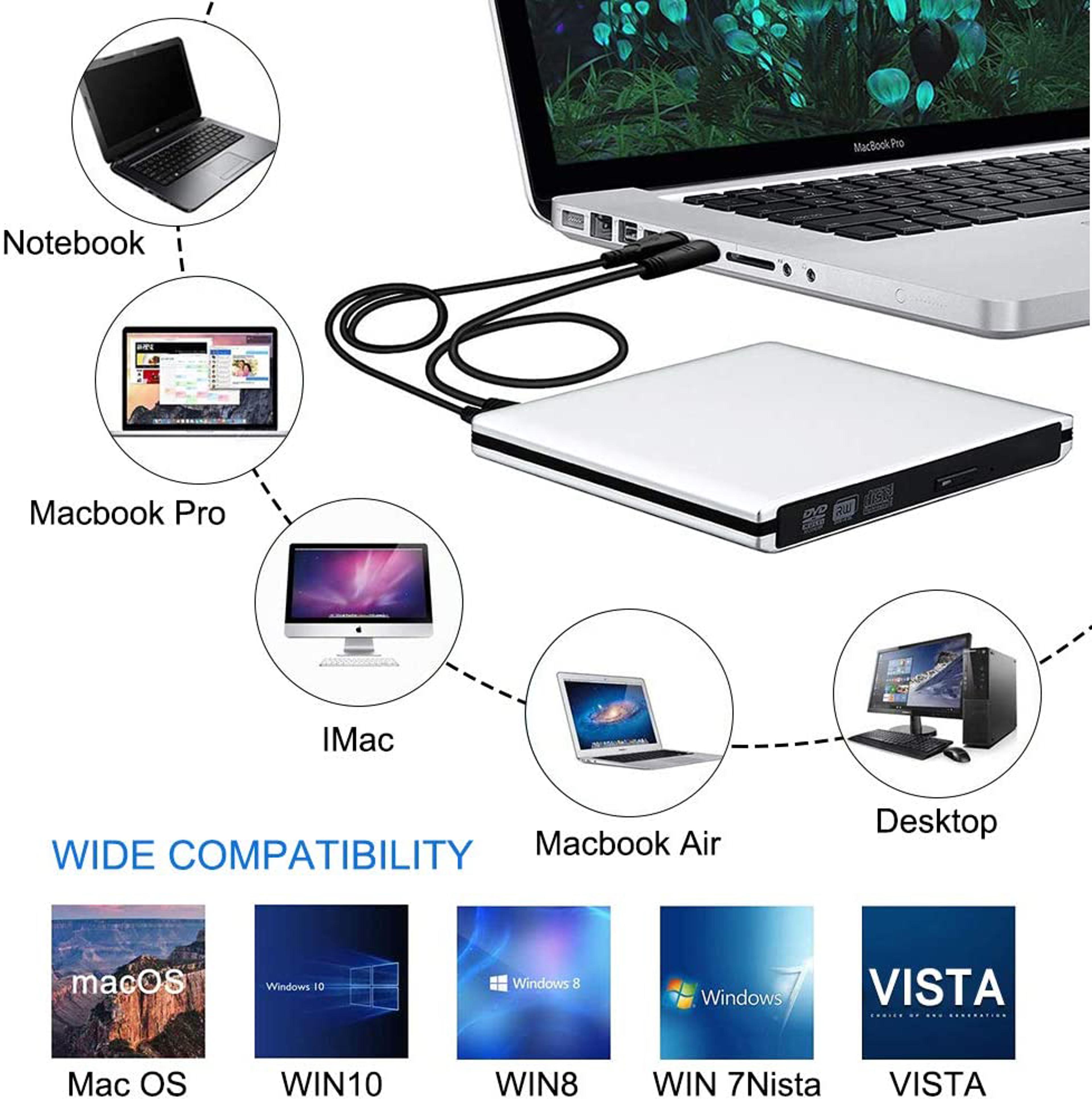 External USB BluRay Reader Burner Writer BDROM Optical DVD Recorder For Laptop Desktop 3