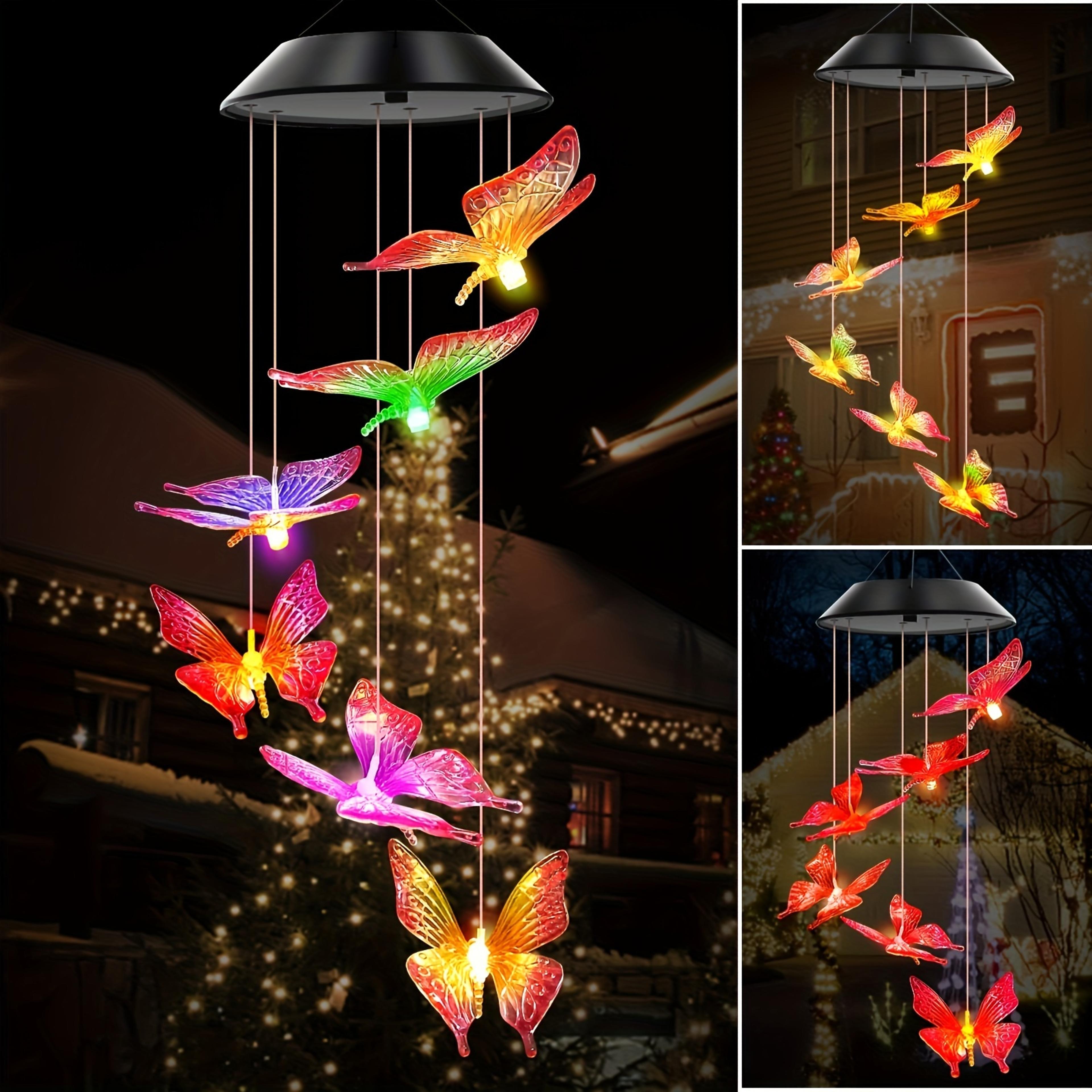 color changing led butterfly dragonfly hummingbird solar wind chimes, outdoor waterproof wind chimes for garden patio