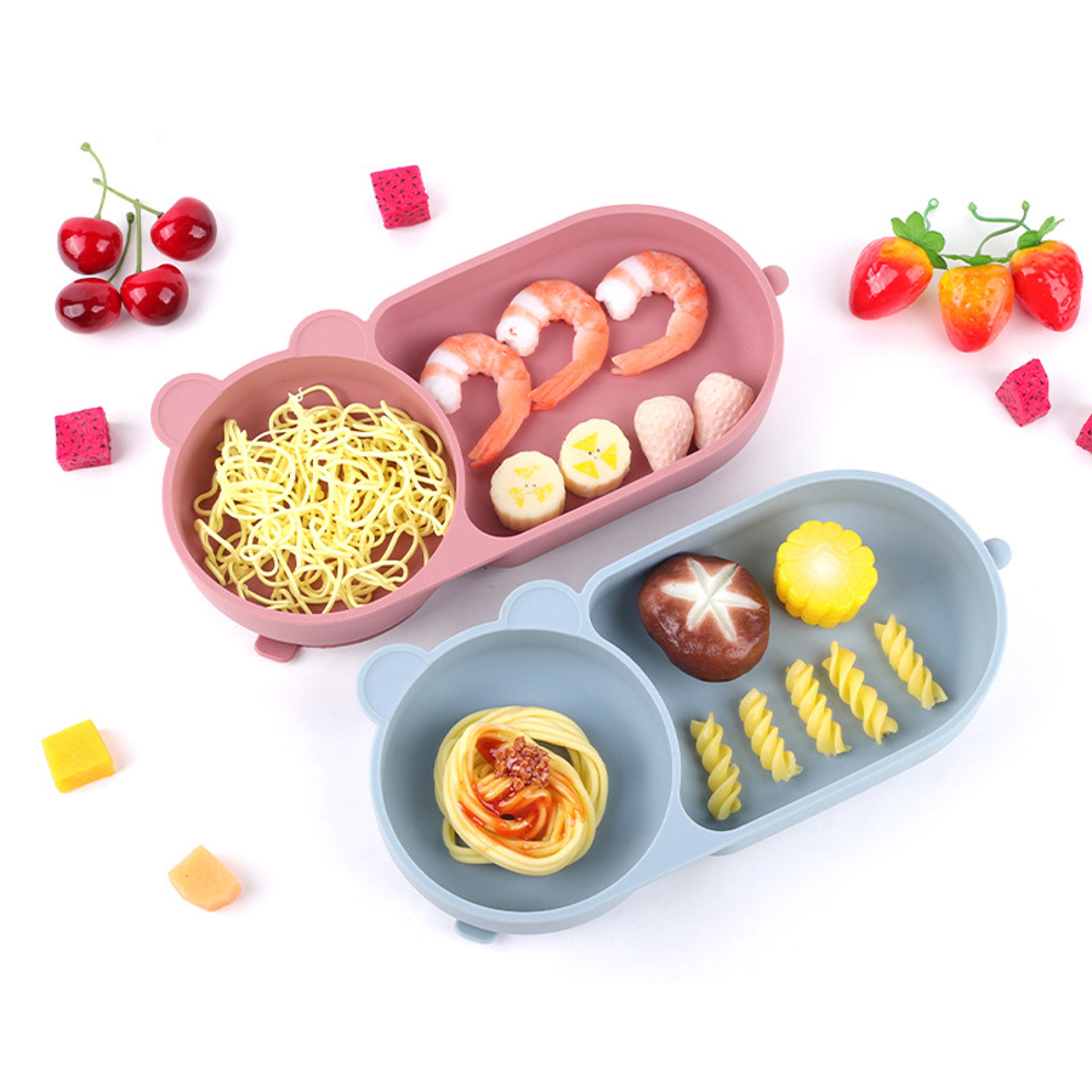Cute Bear Baby Bowl Food Grade Silicone Double Plate For Meals Macaron Color Suction Cup Bowl 1
