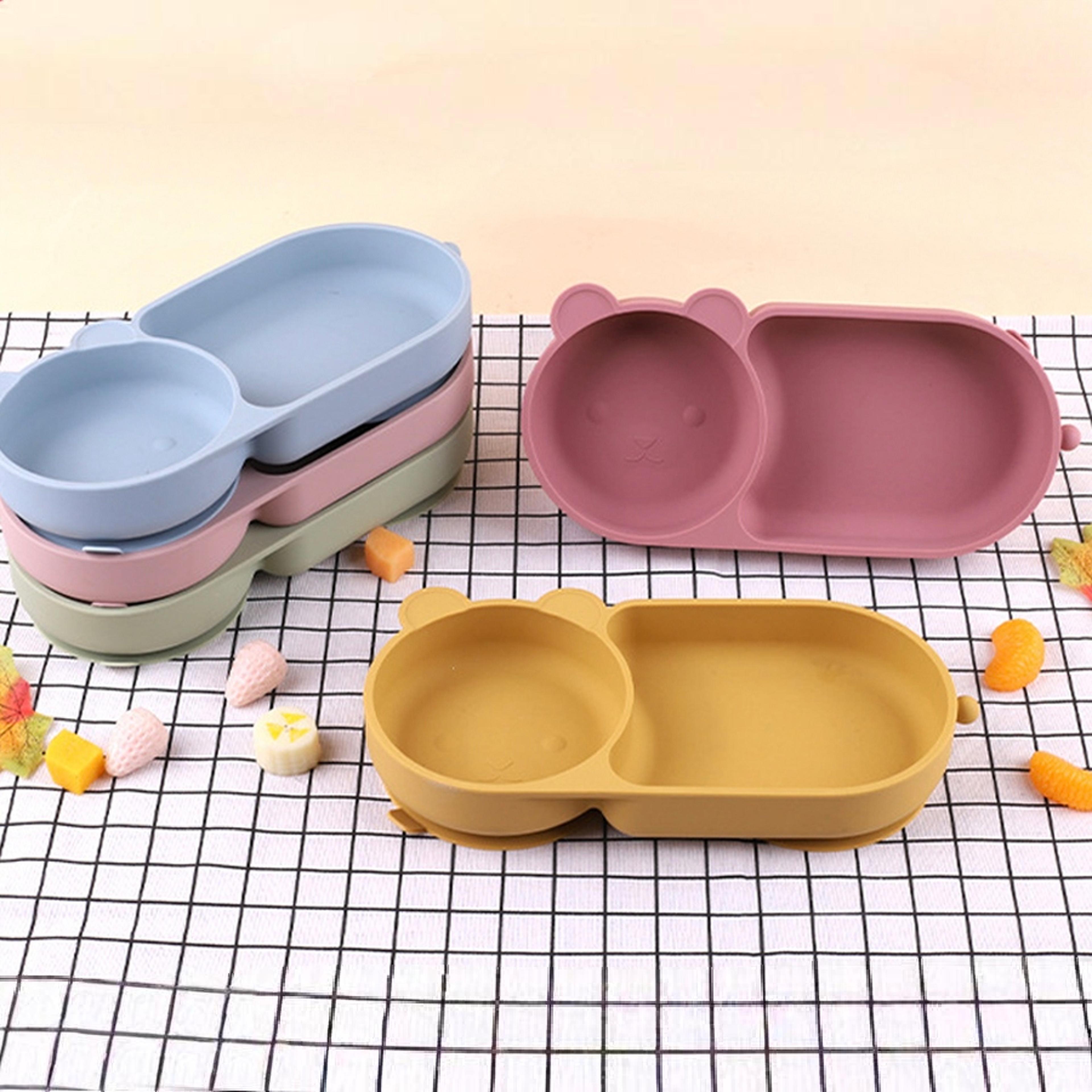 baby silicone suction cup bowl cute bear design macaron color 100% food grade silicone bpa free double plate design for meals