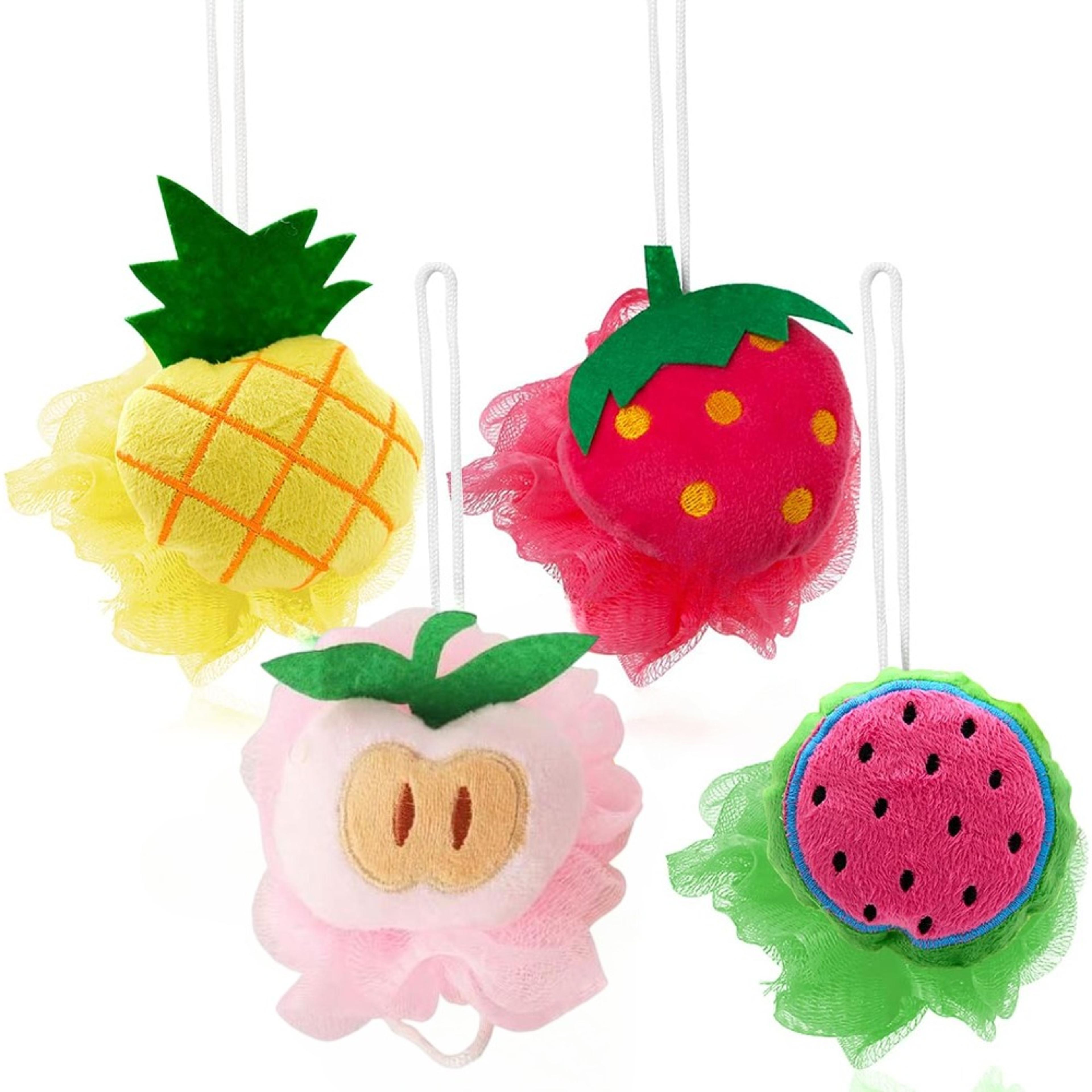 loofahs mesh brush shower ball, fun fruit designs, child bath shower sponge pouf, cute bath flower with hooks for travel