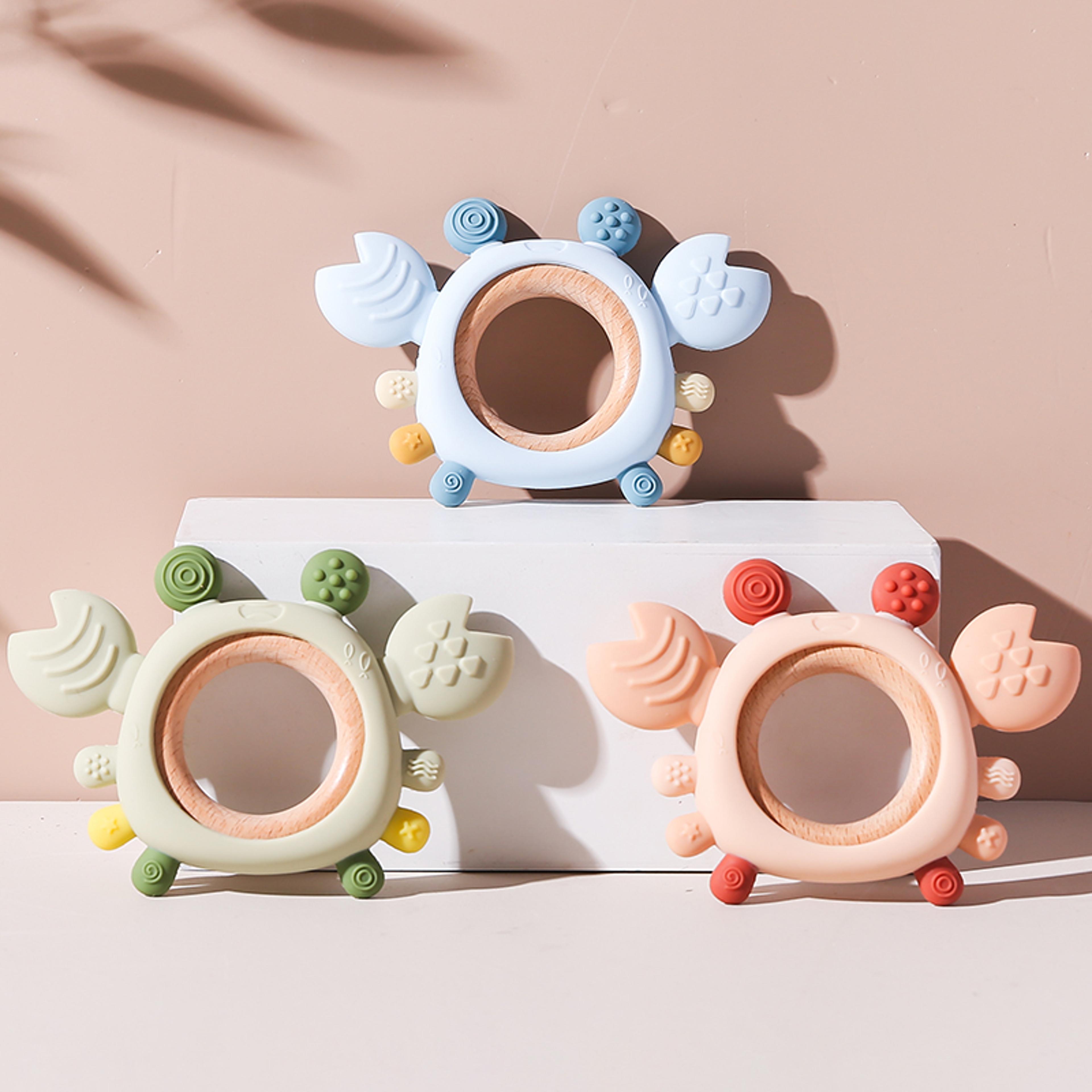 silicone baby teether, bpa-free crab wooden ring, teething toys