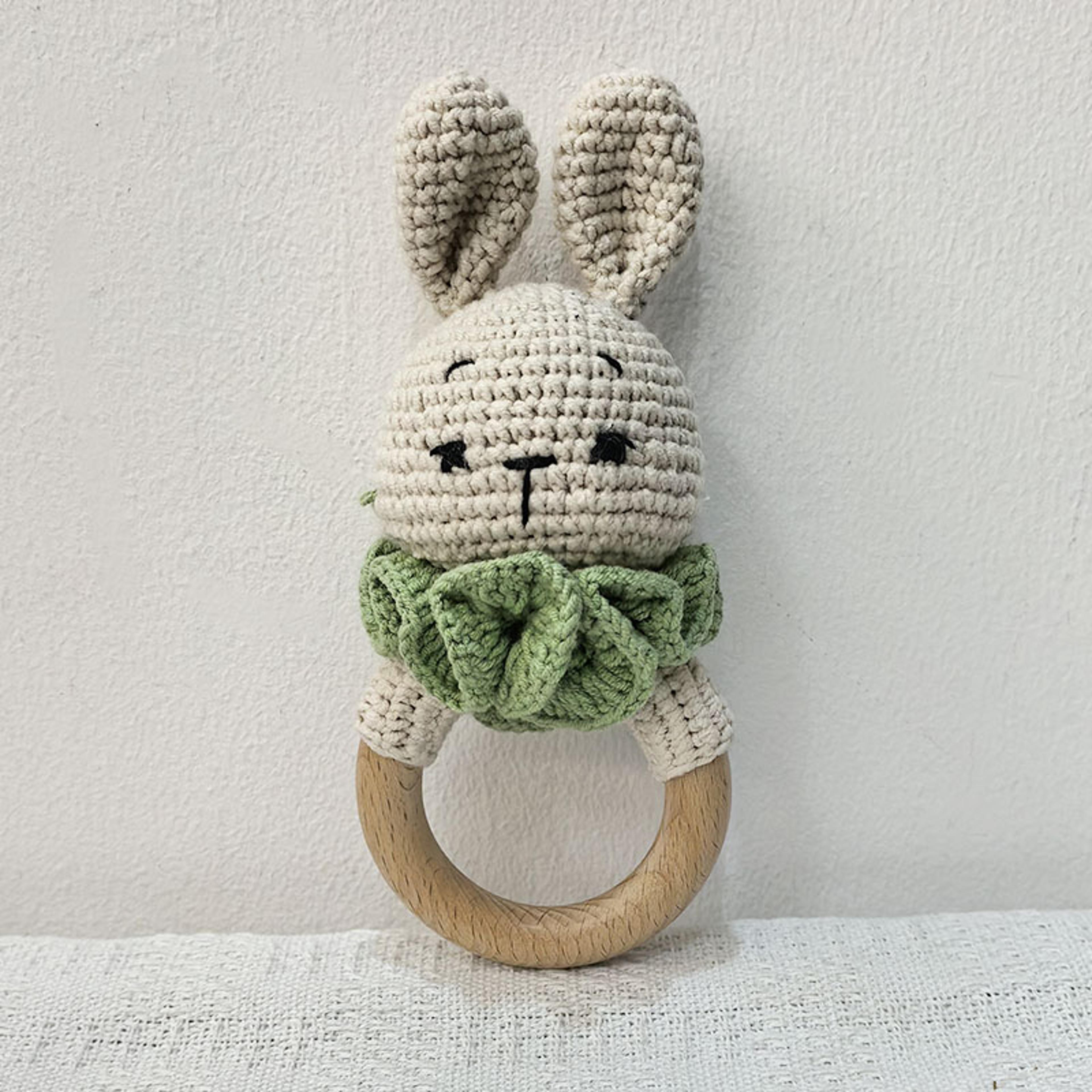 Long Ear Bunny Baby Rattler Safety Wooden Teether Mobile Crib Bell Teething Toy 6