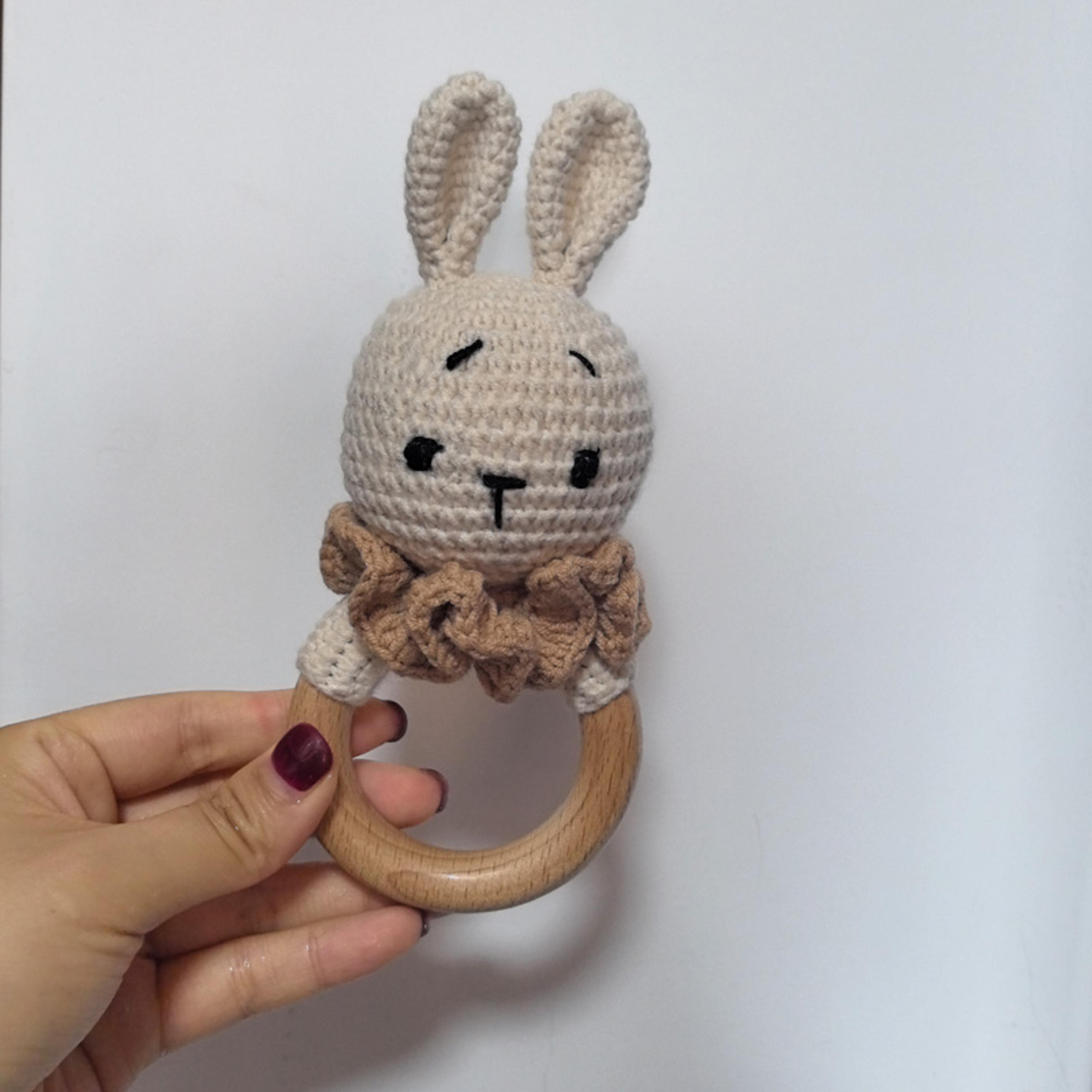 Long Ear Bunny Baby Rattler Safety Wooden Teether Mobile Crib Bell Teething Toy 17