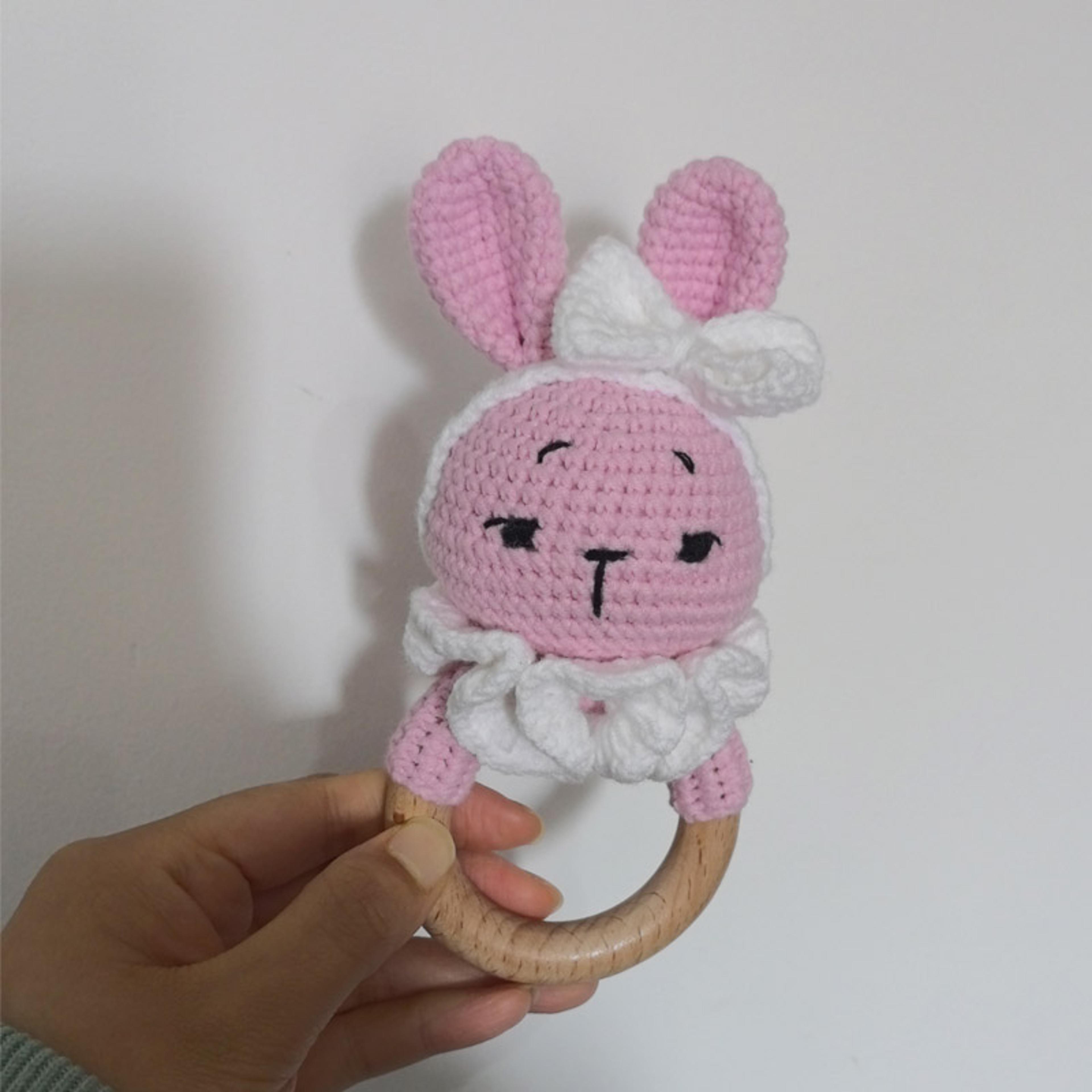 Long Ear Bunny Baby Rattler Safety Wooden Teether Mobile Crib Bell Teething Toy 22