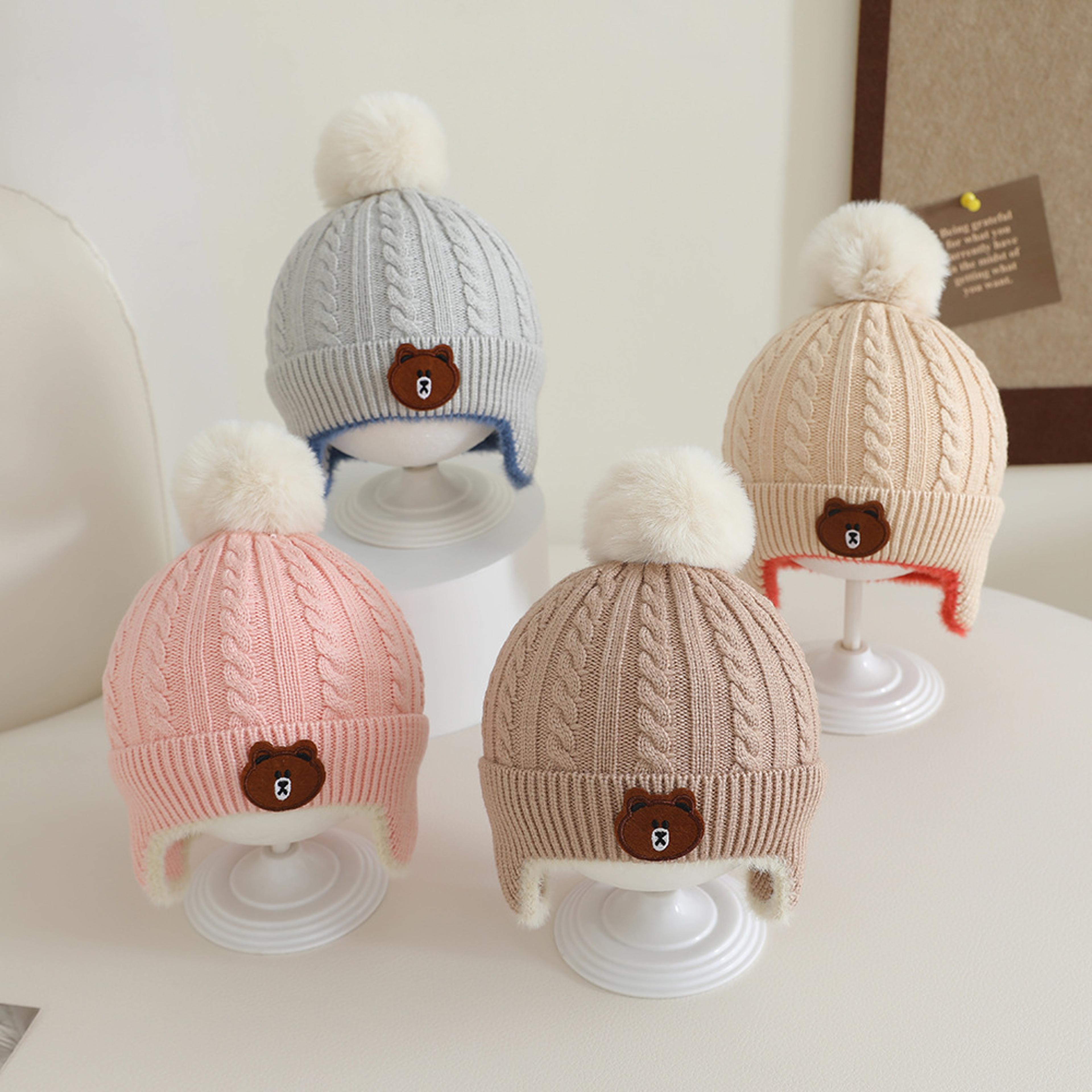New Knitted Baby Hat Autumn Winter Girls Boys Toddler Bear Pompom Hat Outdoor Warm Ear Protection H 1