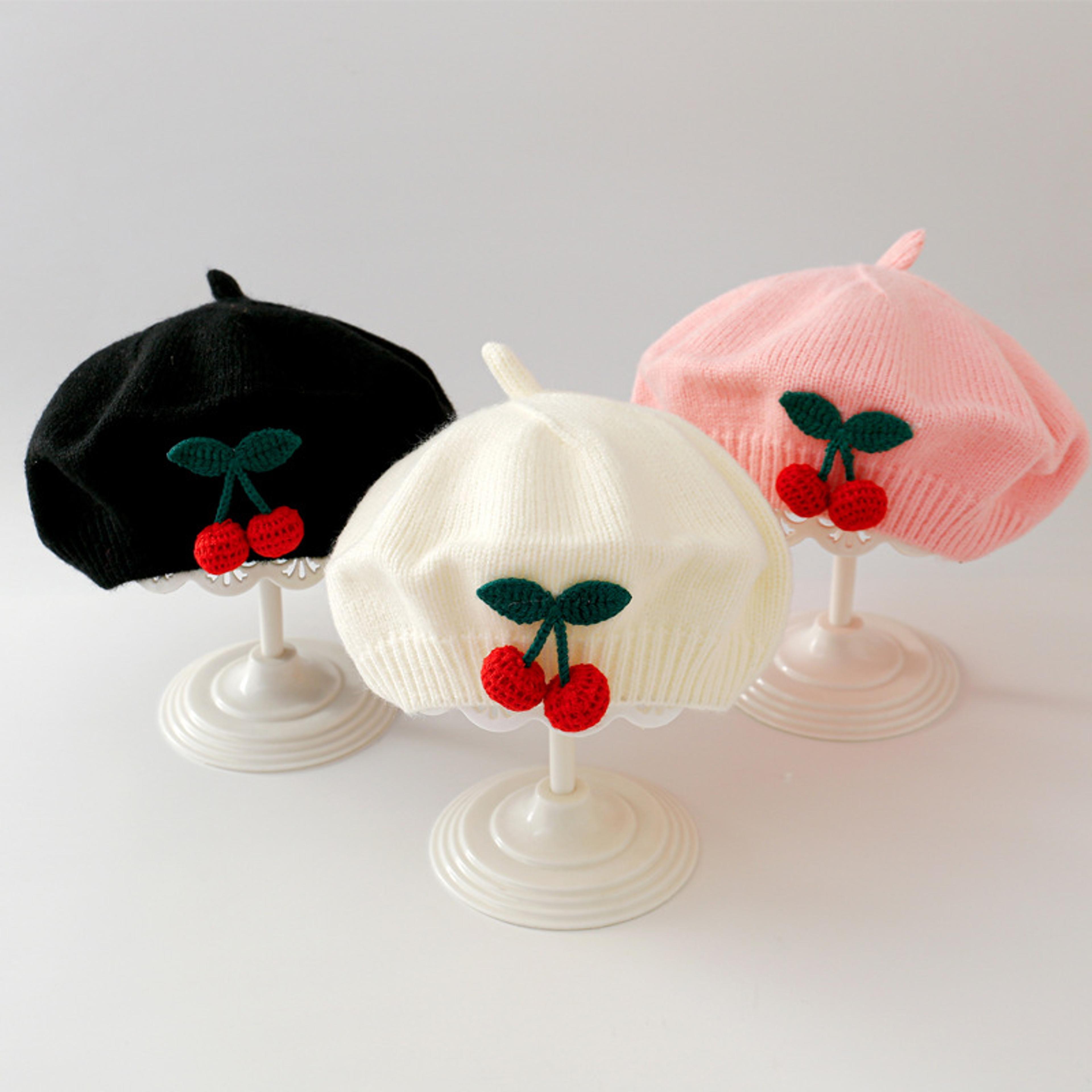 winter warm woolen crochet bonnet, cute cherry baby knit beret, toddler artist painter cap, kids beanies