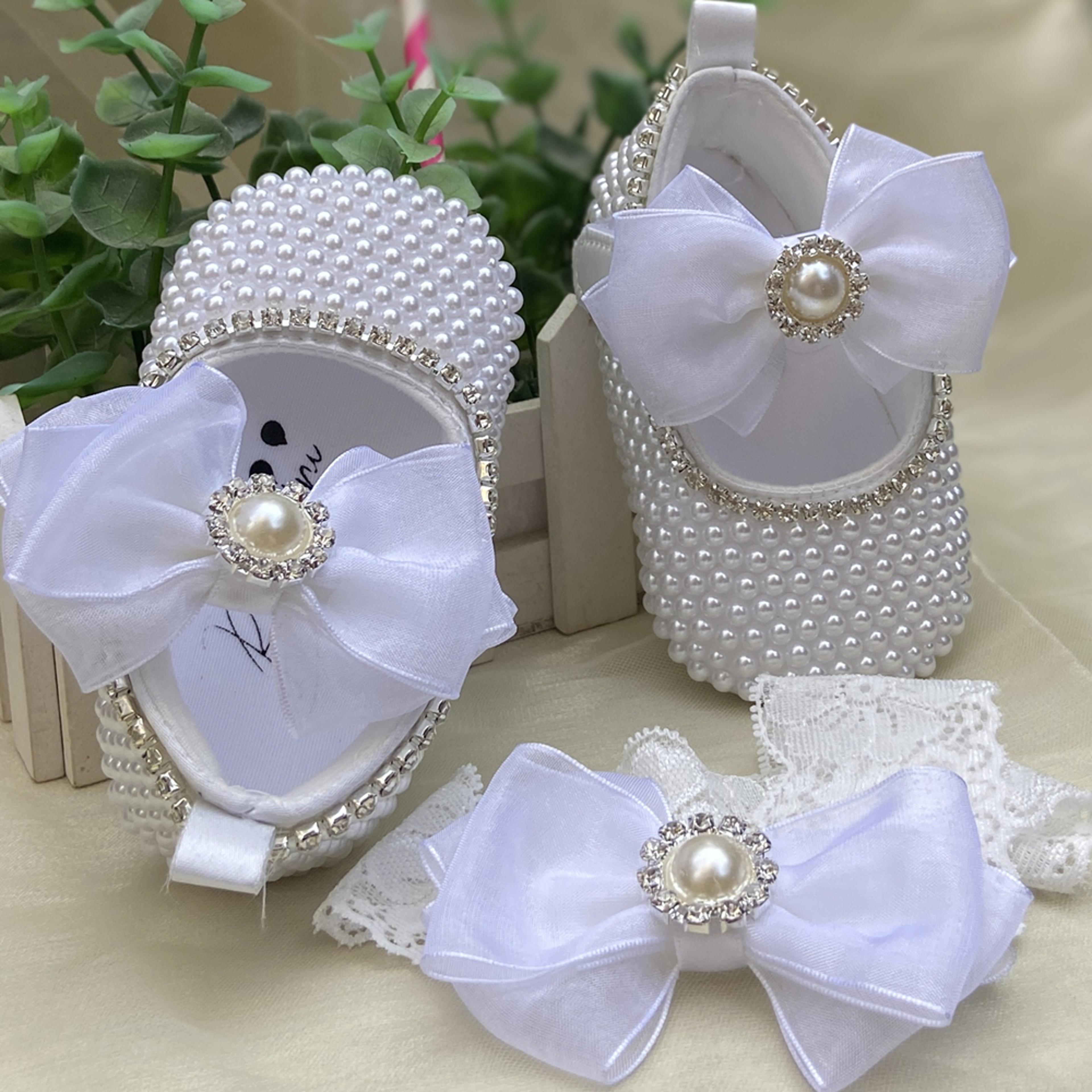 dollbling rhinestone baby shoes, handmade white pearls bling, christening wedding baptism shoes
