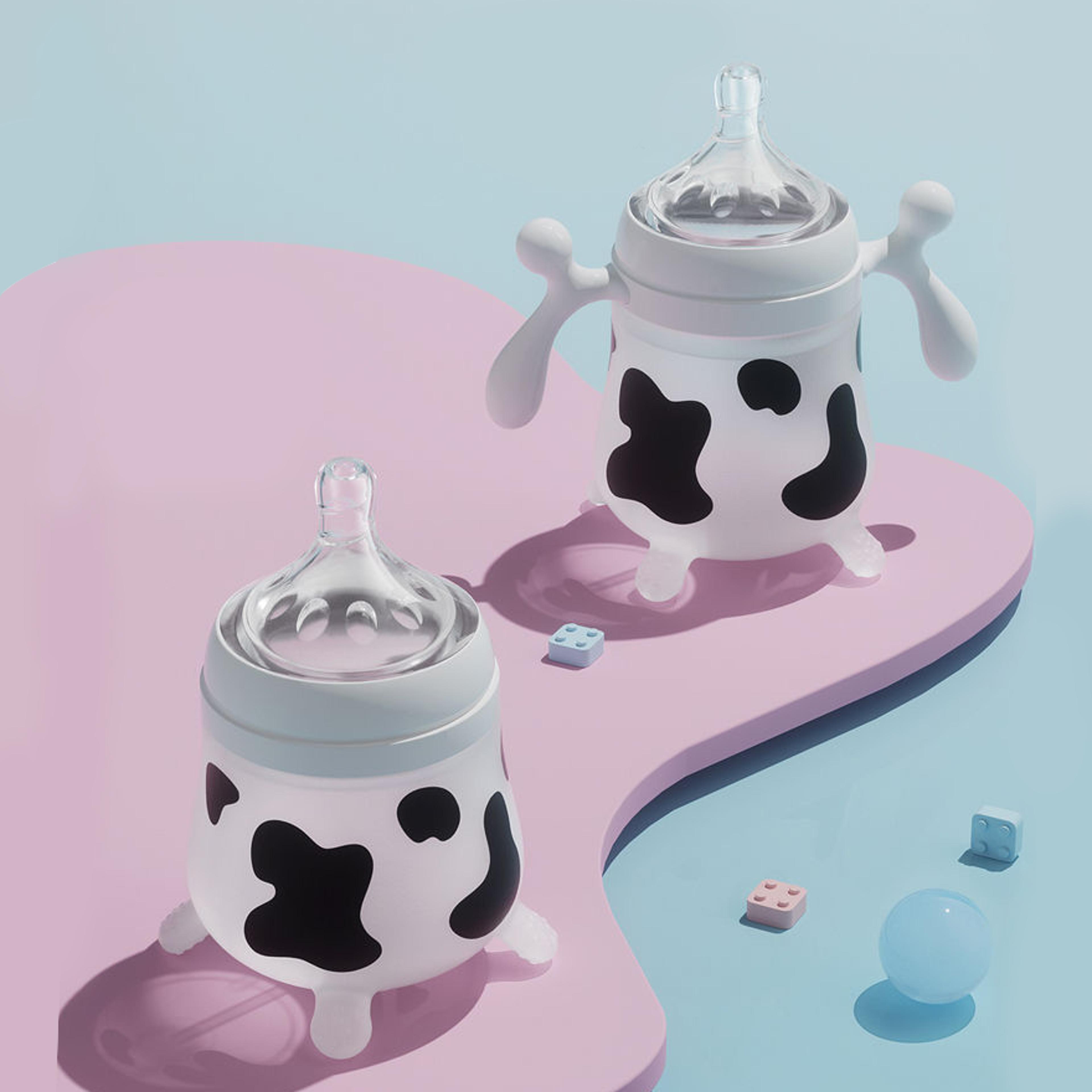 cute cow silicone baby feeding bottle, anti choking, imitating breast milk for newborn infant, anti colic milk feeding