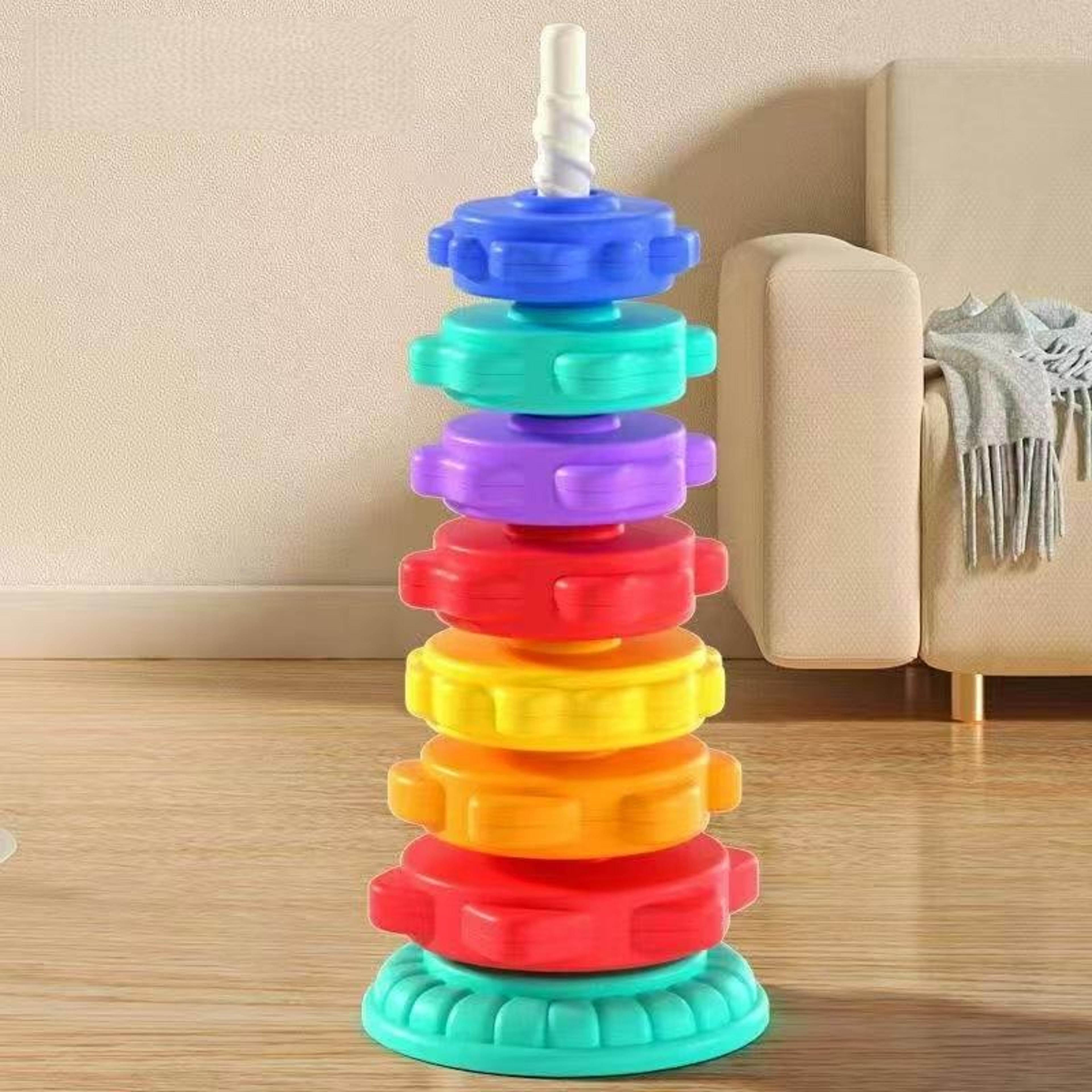 kids gift, montessori baby tower game, spinning and stacking rainbow puzzle, motor skill development