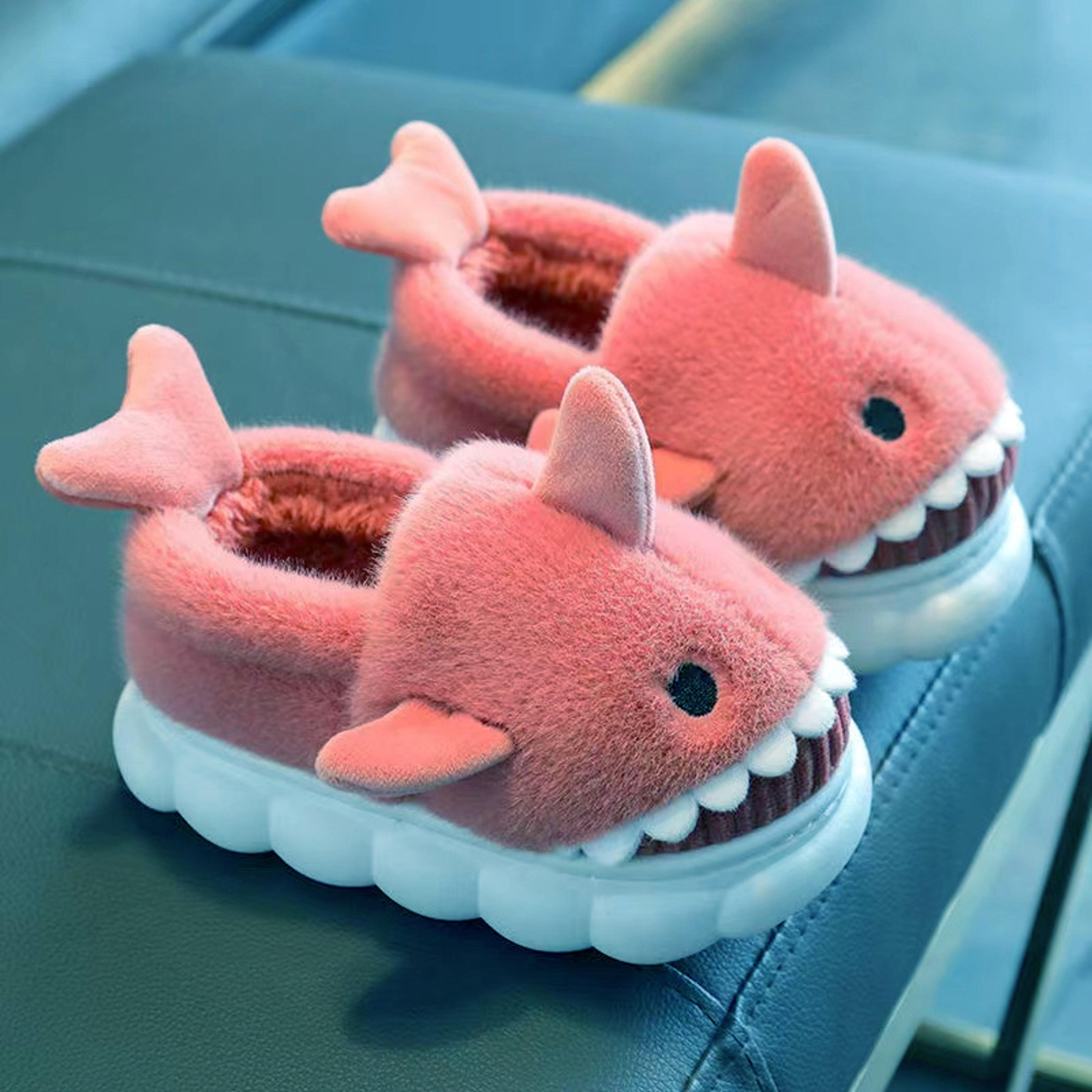 Cute Cartoon Shark Winter Heel Wrap Slippers For Kids Soft Sole Nonslip Plush Warm Childrens Shoes 7