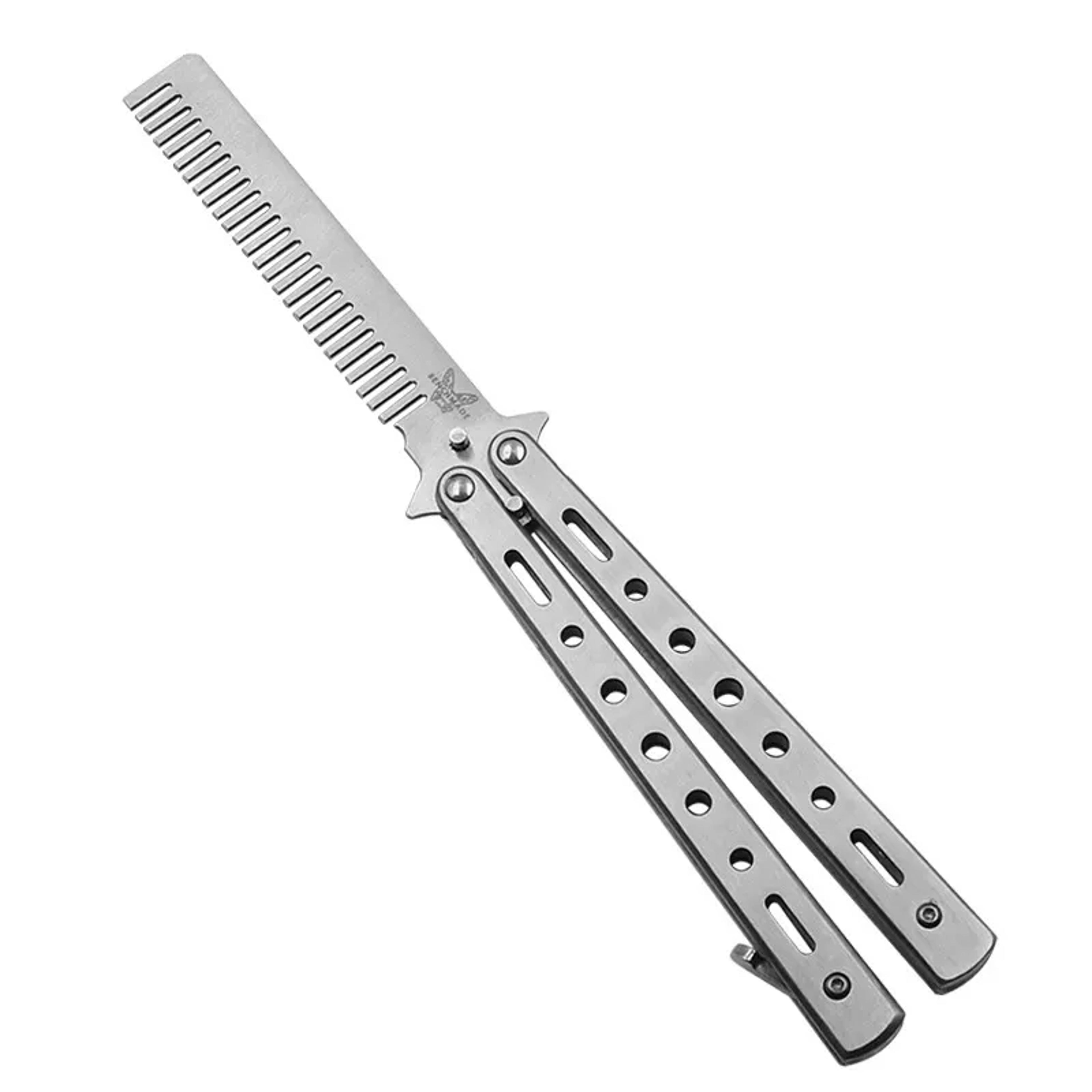 Stainless Steel Foldable Comb Butterfly Knife Training Comb Beard Moustache Brush Hair Styling Salo 6