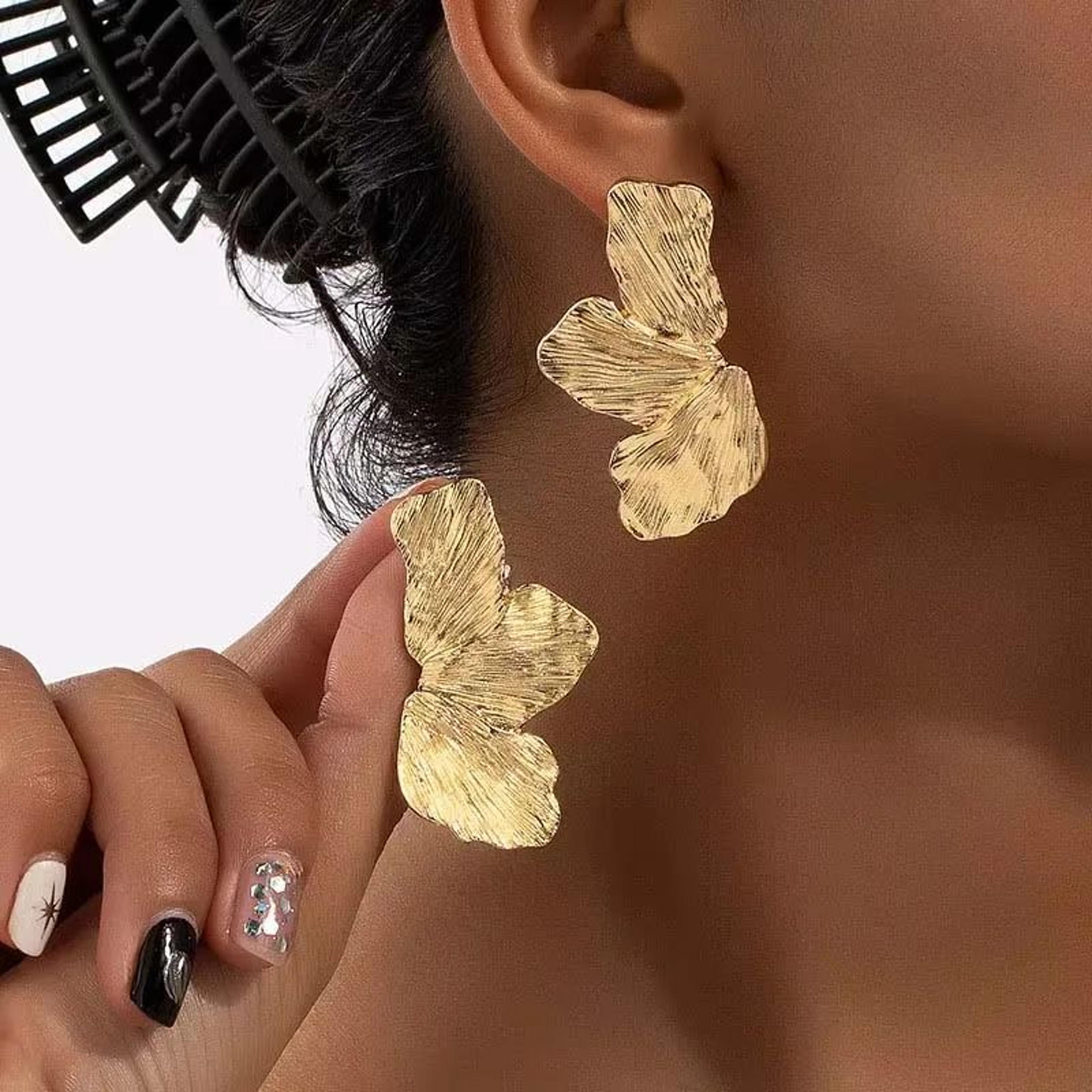 gold flower petal earrings, vintage textured metal studs for women, elegant fashion jewelry, party and gift accessories
