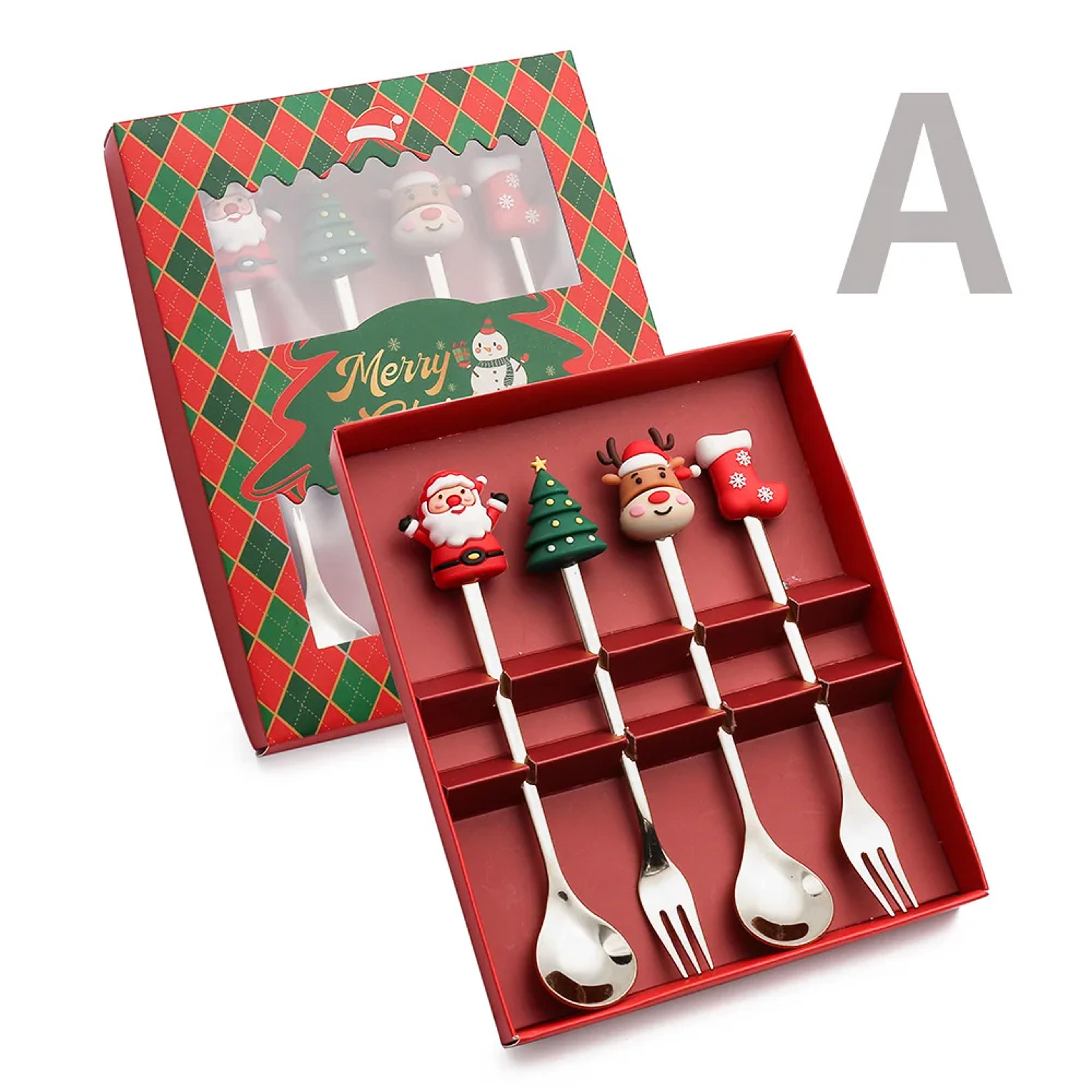 Christmas Gift Set Gold Silver Cutlery Spoon Fork Set Elk Tree Decoration Dessert Scoop Fruit Fork  8