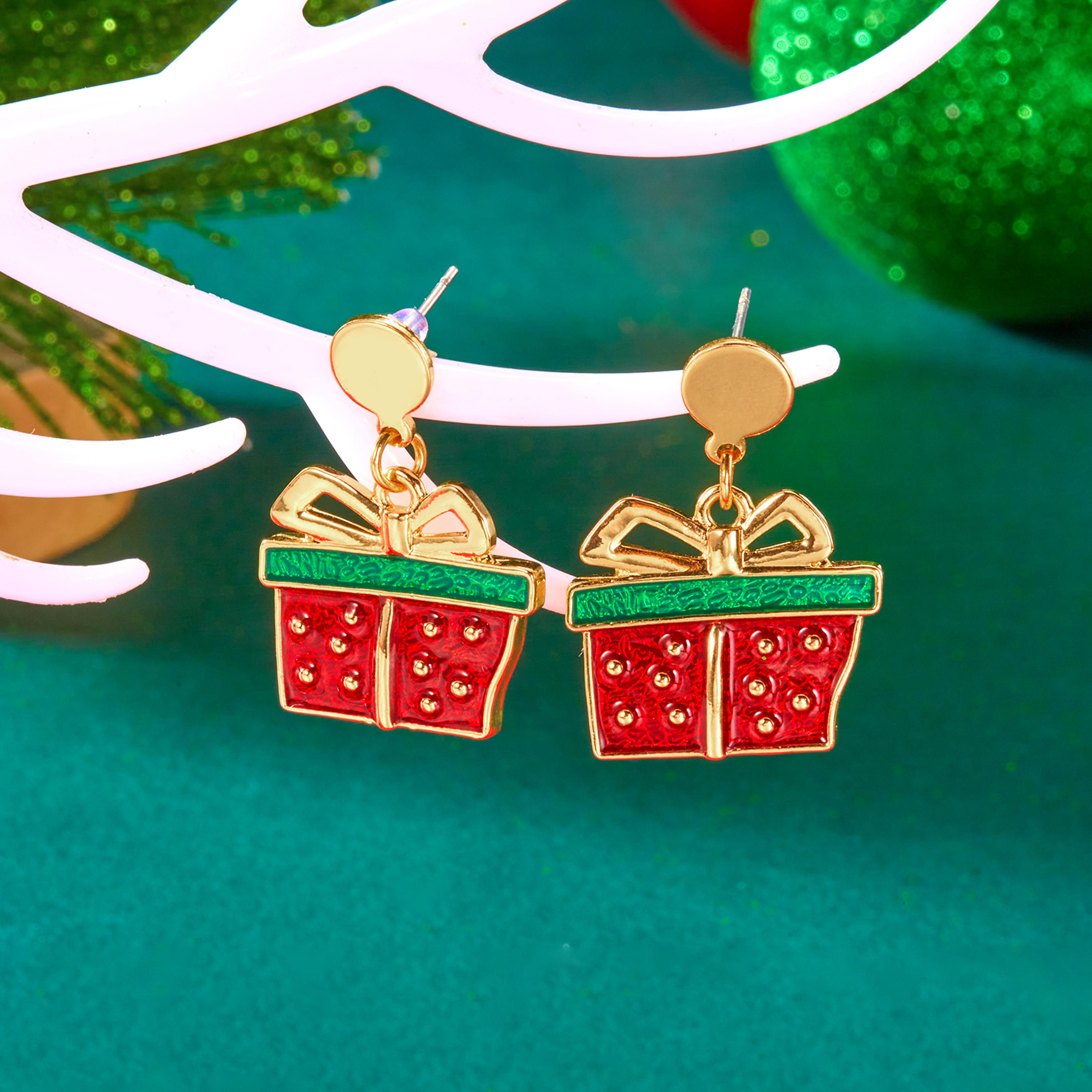 Necklace Set For Women Christmas Metal Earrings Dripping Oil Santa Claus Bowknot Hat Xmas Tree Chok