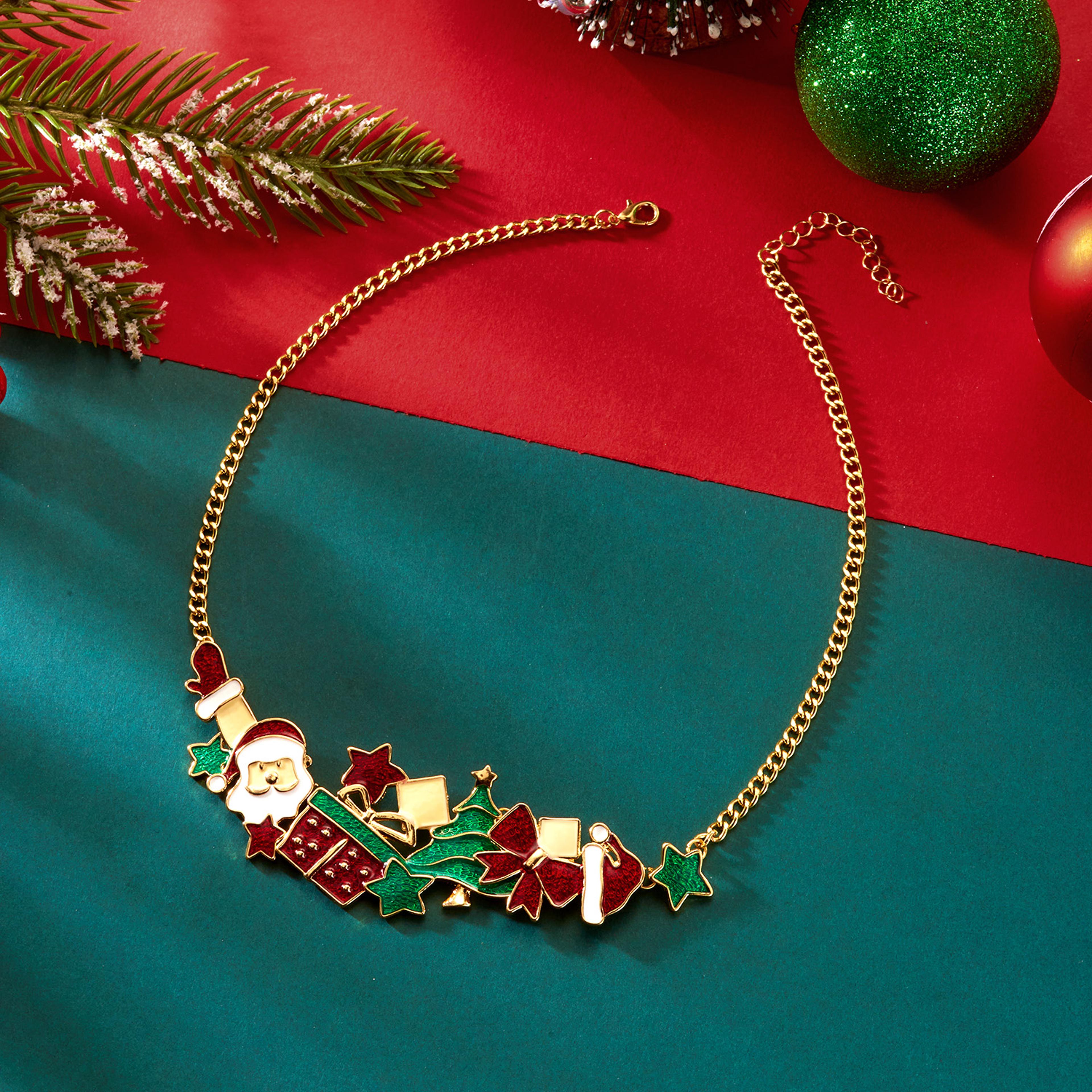Necklace Set For Women Christmas Metal Earrings Dripping Oil Santa Claus Bowknot Hat Xmas Tree Chok