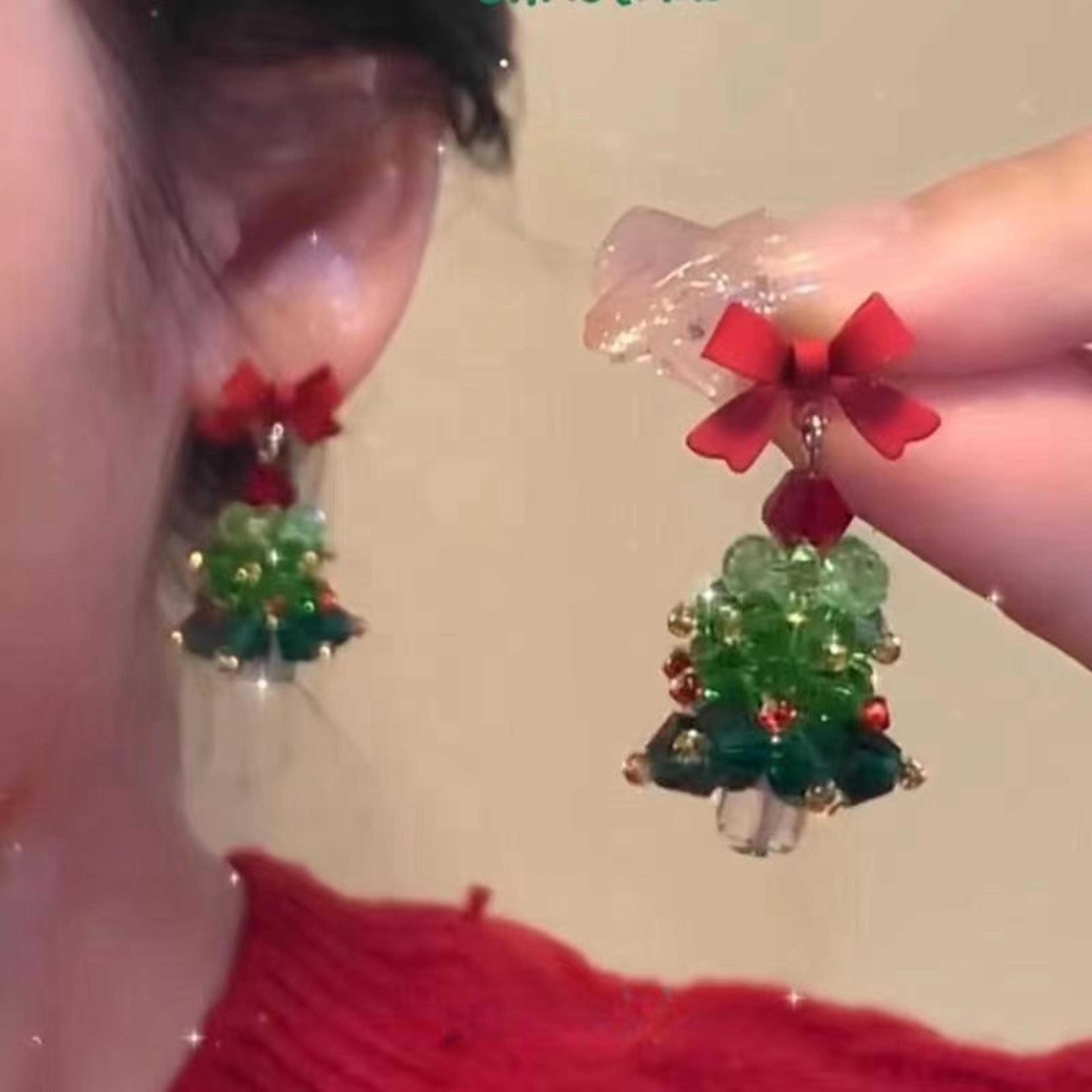 Dangle Earrings For Women Exquisite Cute Red Bow Earring New Christmas Tree Luxury Shiny Ear Access