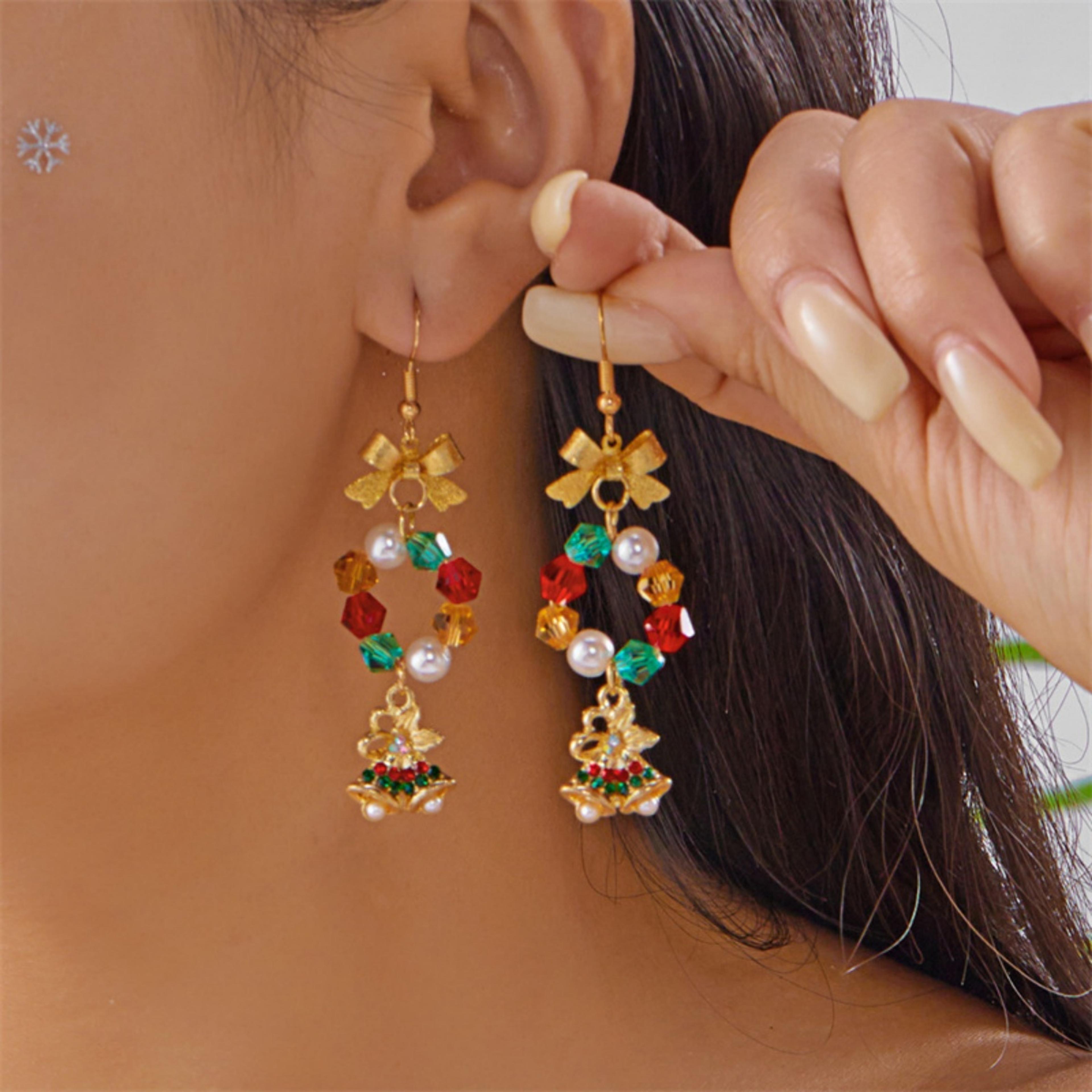 Creative Christmas Rice Crystal Bead Bowknot Snowflake Bells Drop Earrings Unique Xmas Paert Holida 4