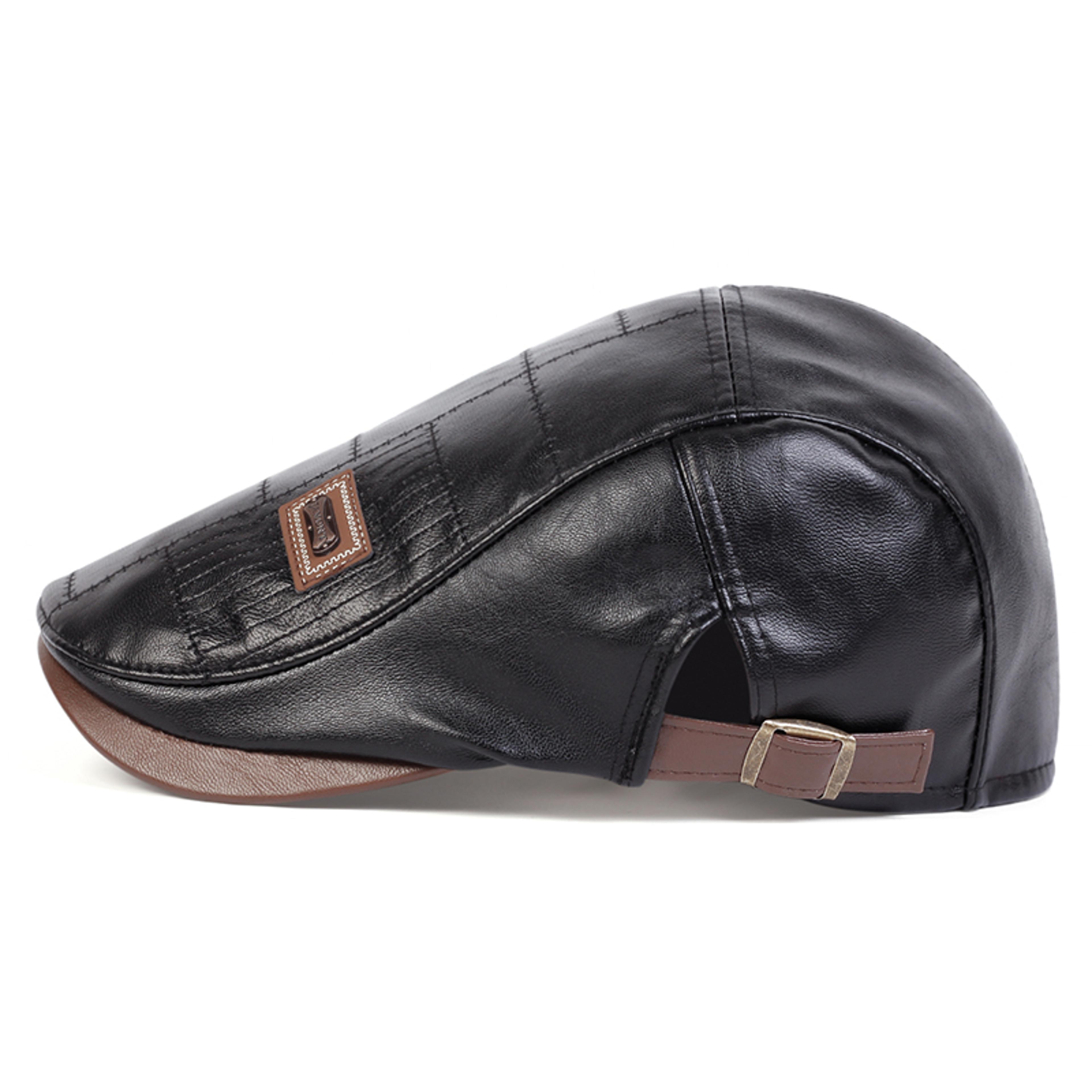 Mens Retro PU Leather Flat Cap Adjustable Side Newsboy Hat Spring Autumn Hip Hop Beret British Pain 1