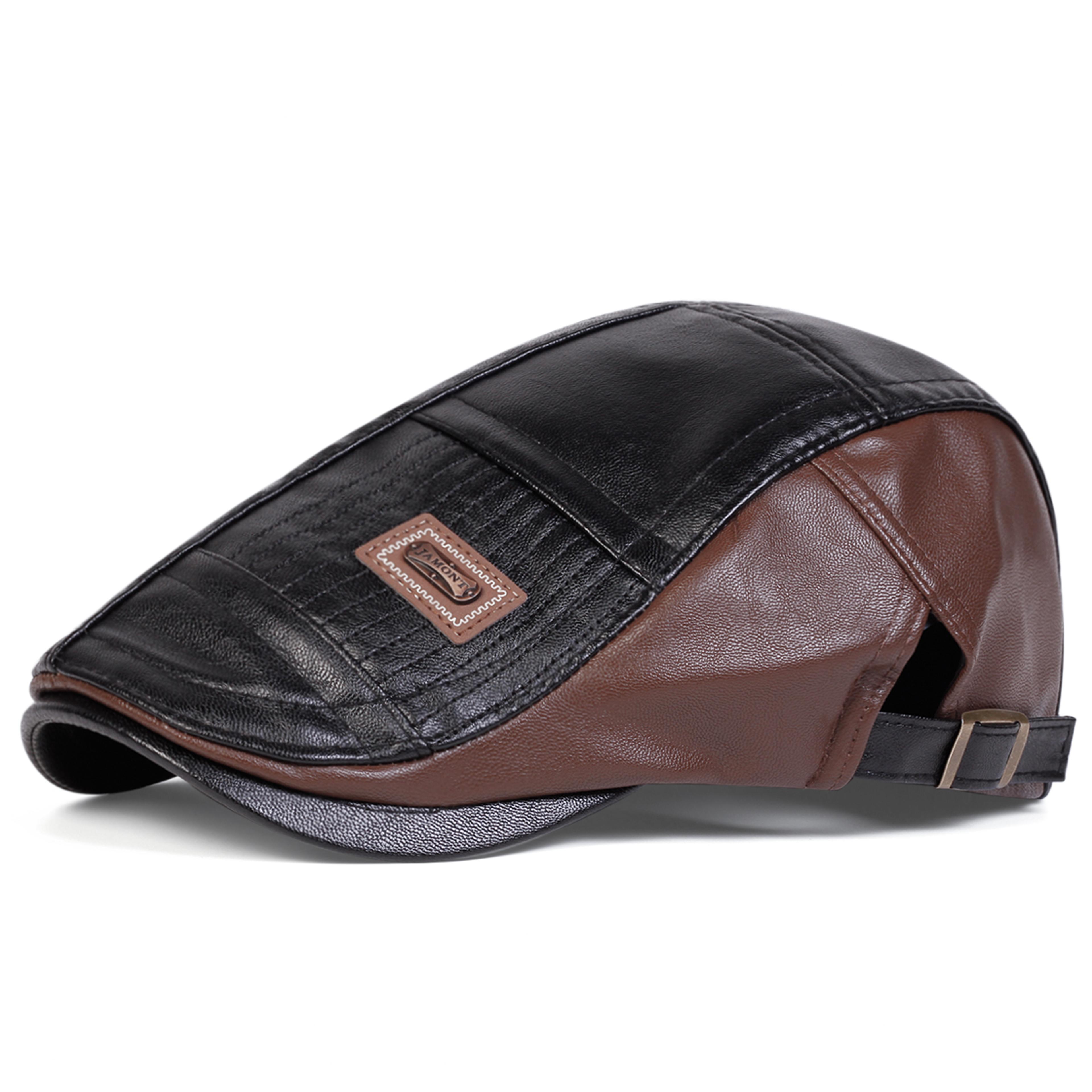 Mens Retro PU Leather Flat Cap Adjustable Side Newsboy Hat Spring Autumn Hip Hop Beret British Pain 5