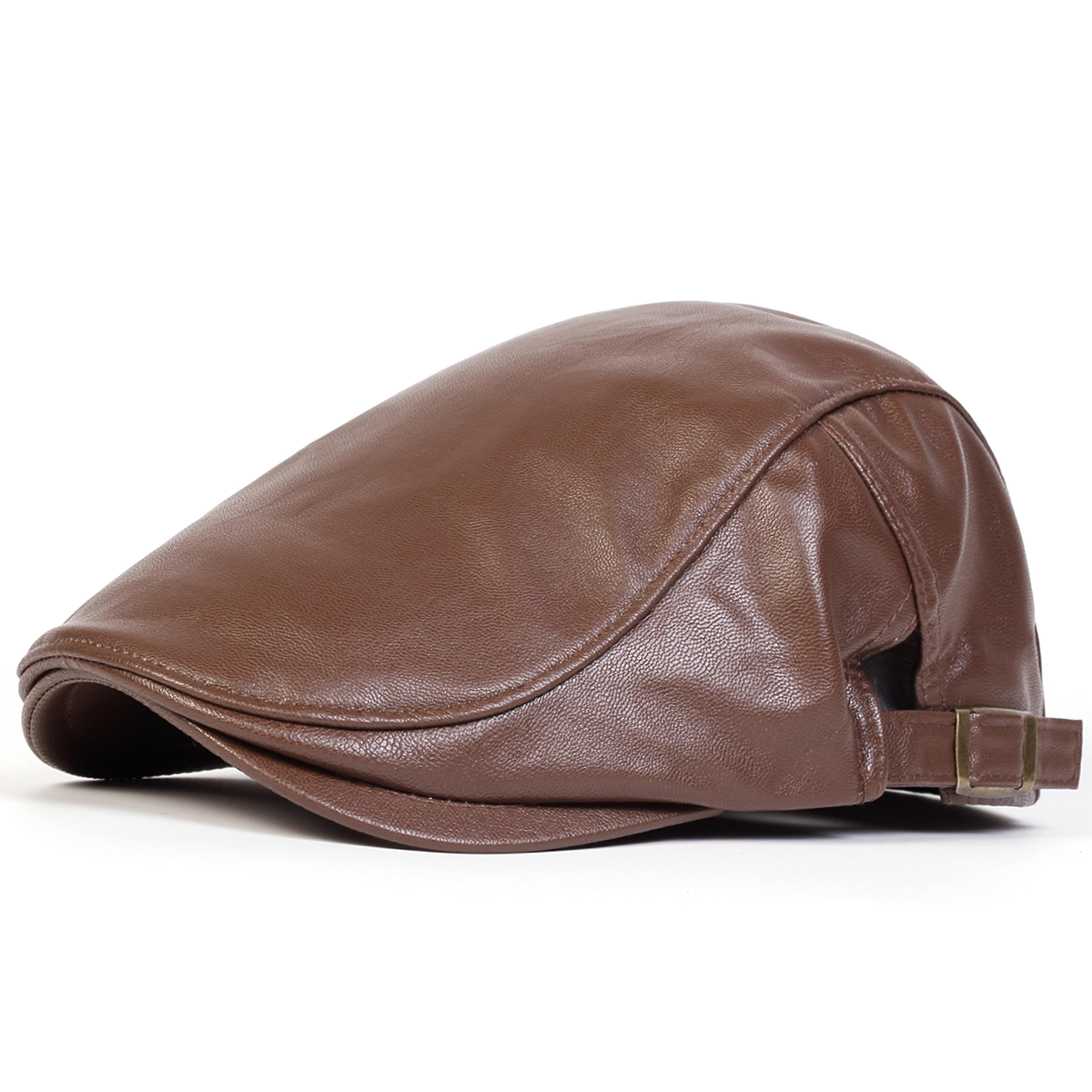 Mens Retro PU Leather Flat Cap Adjustable Side Newsboy Hat Spring Autumn Hip Hop Beret British Pain 10