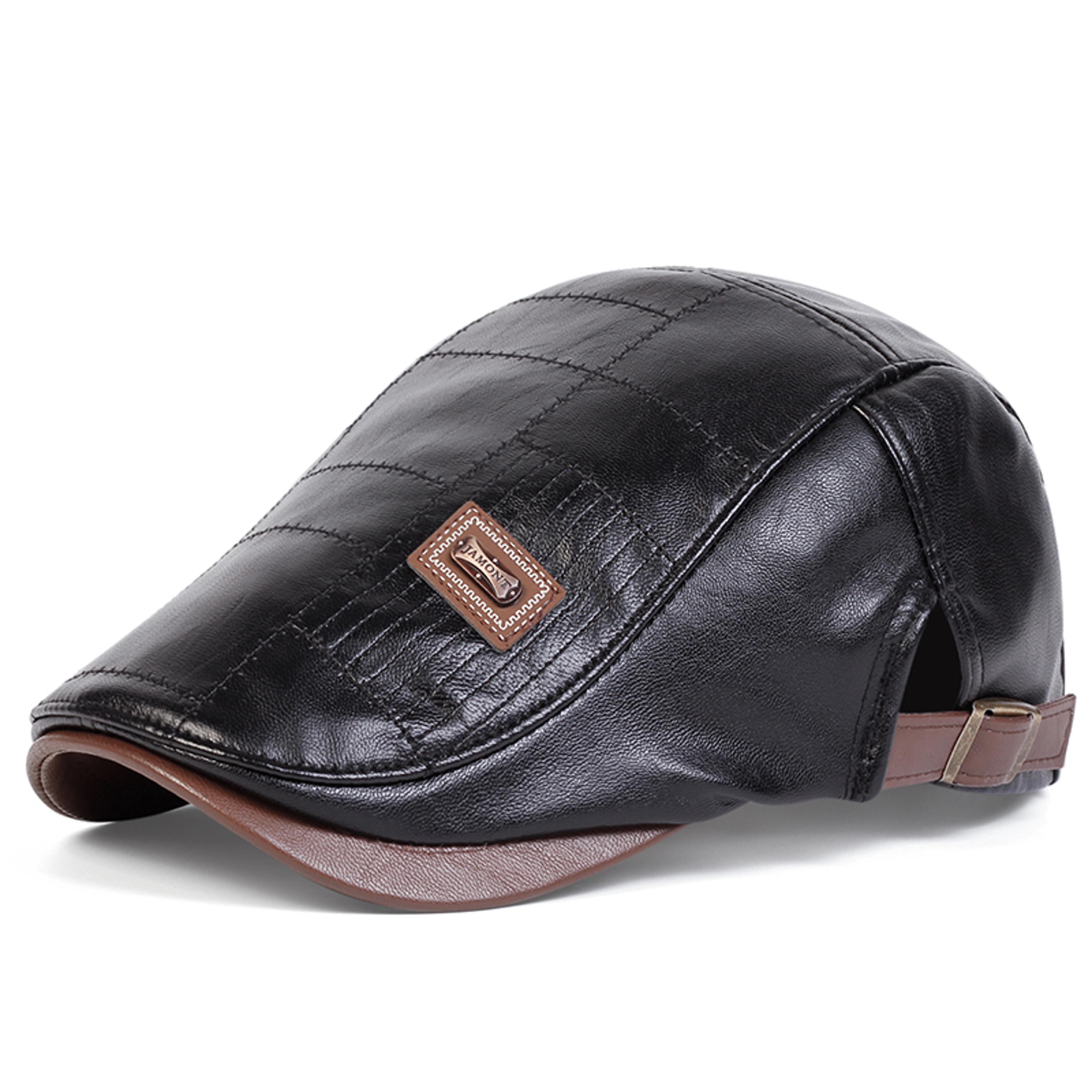 Mens Retro PU Leather Flat Cap Adjustable Side Newsboy Hat Spring Autumn Hip Hop Beret British Pain 11