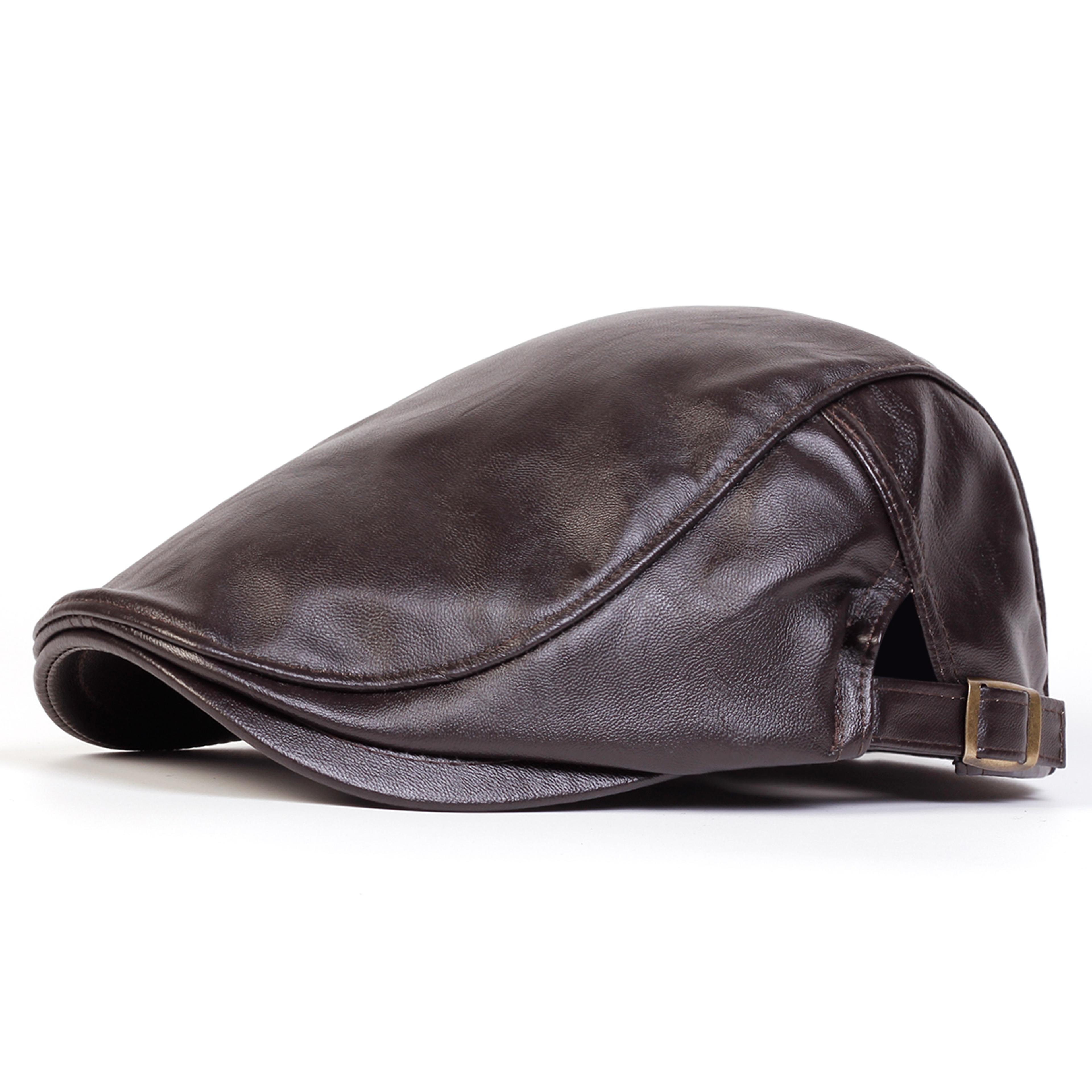 Mens Retro PU Leather Flat Cap Adjustable Side Newsboy Hat Spring Autumn Hip Hop Beret British Pain 12