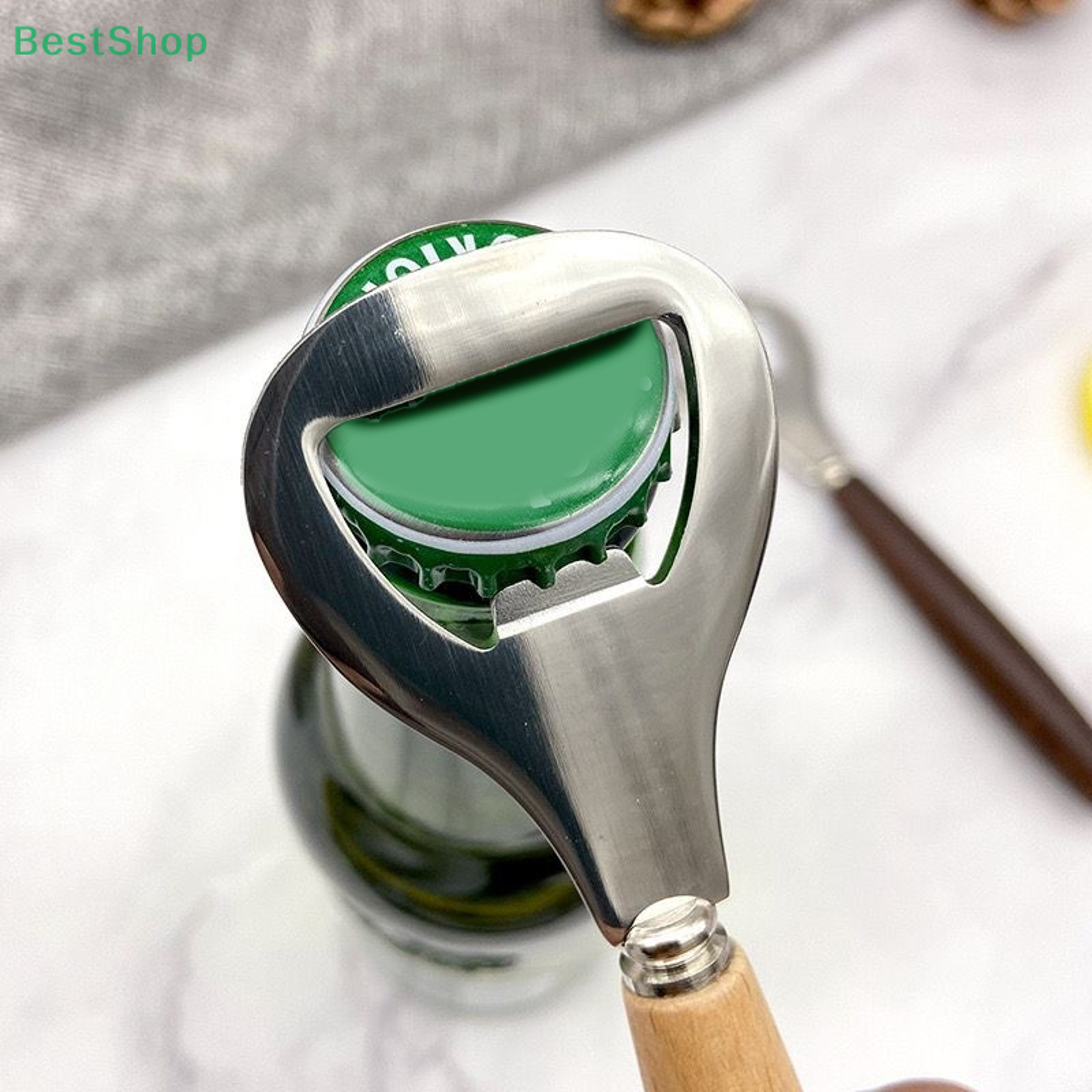 Beer And Soda Drink Opener Wooden Handle Stainless Steel Bottle Opener 3