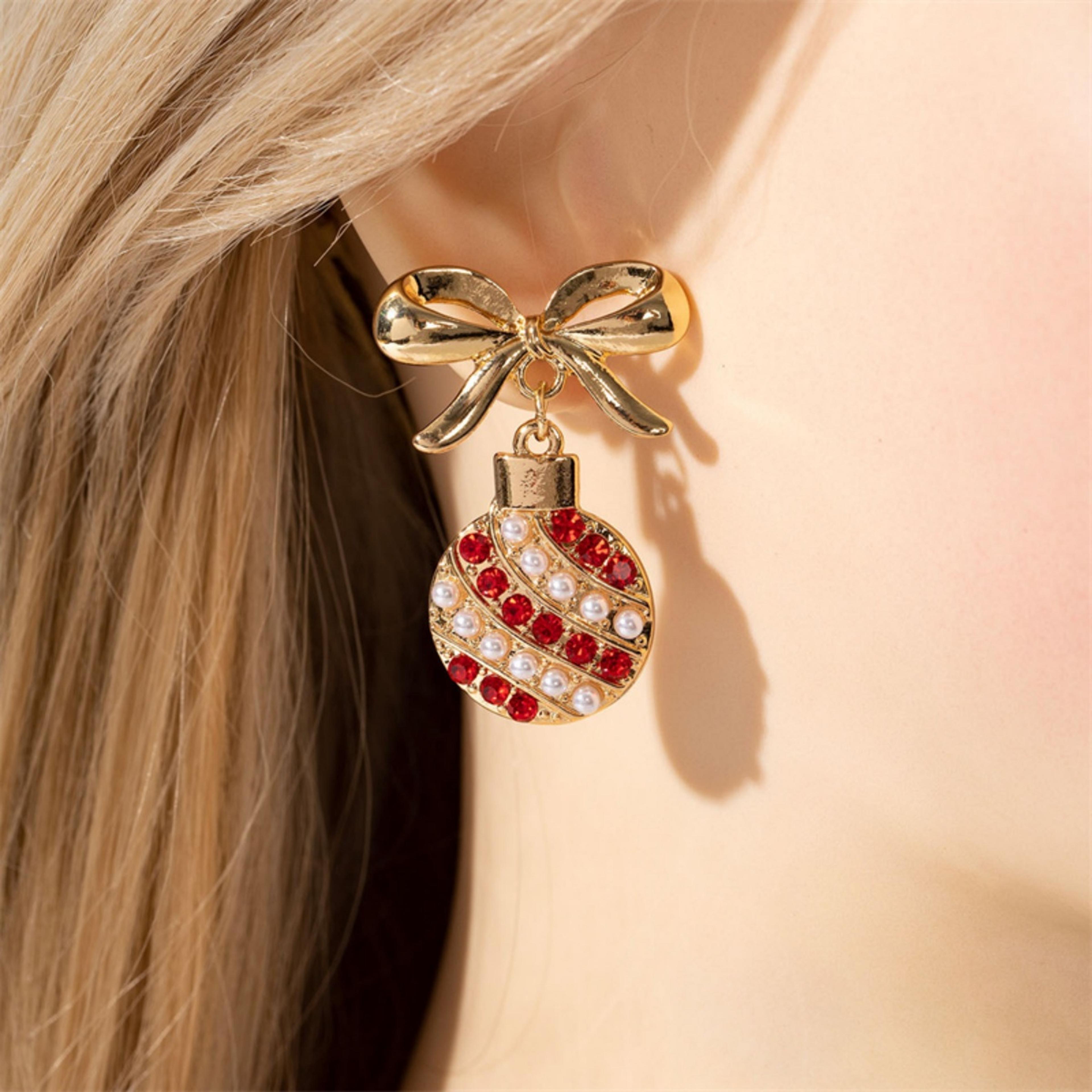 chrismas earrings with red rhinestone, light bulb drop earrings, christmas bowknot jewelry for women men