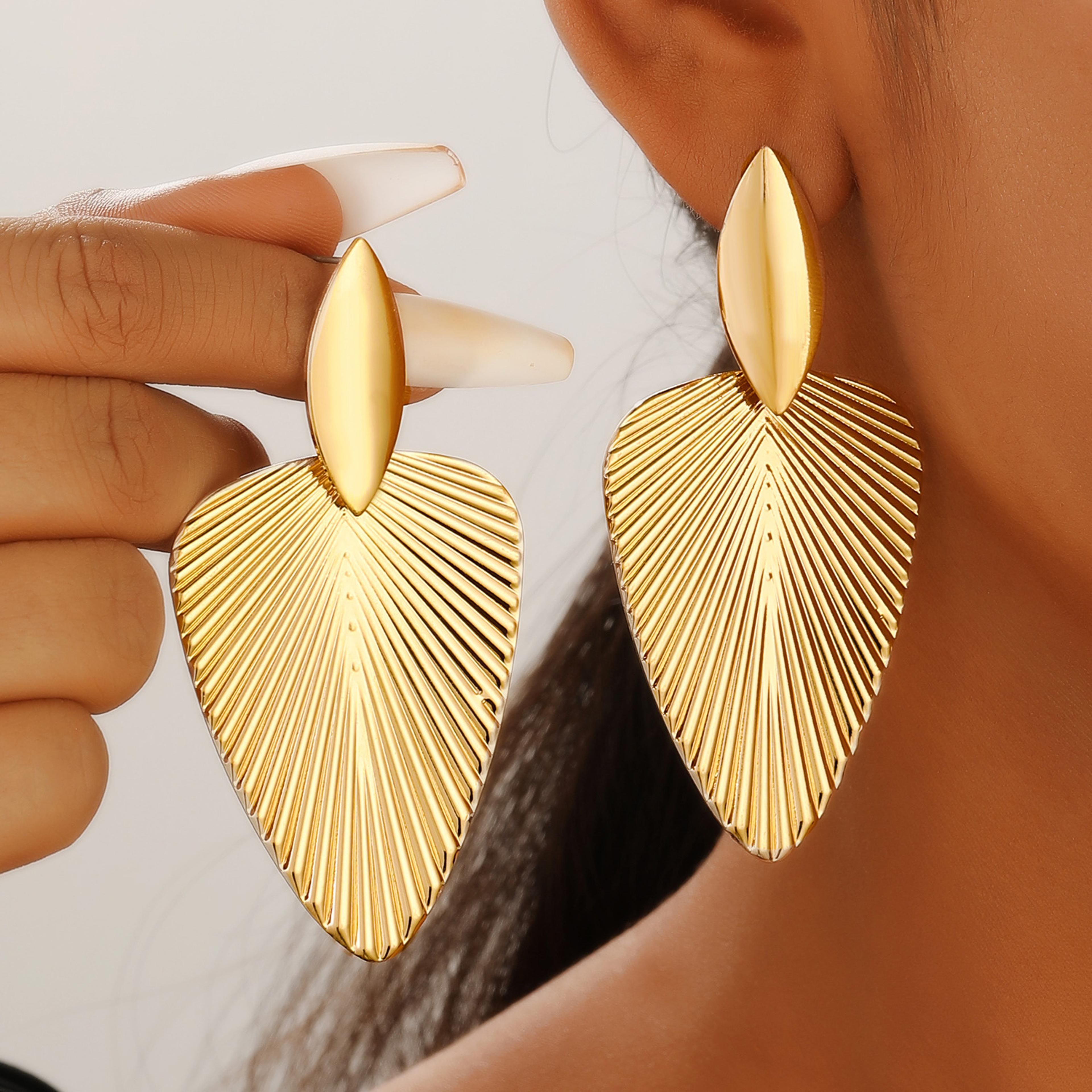 big earrings womens exaggerated fashion, advanced metal textured leaf pendant, geometry drop earring