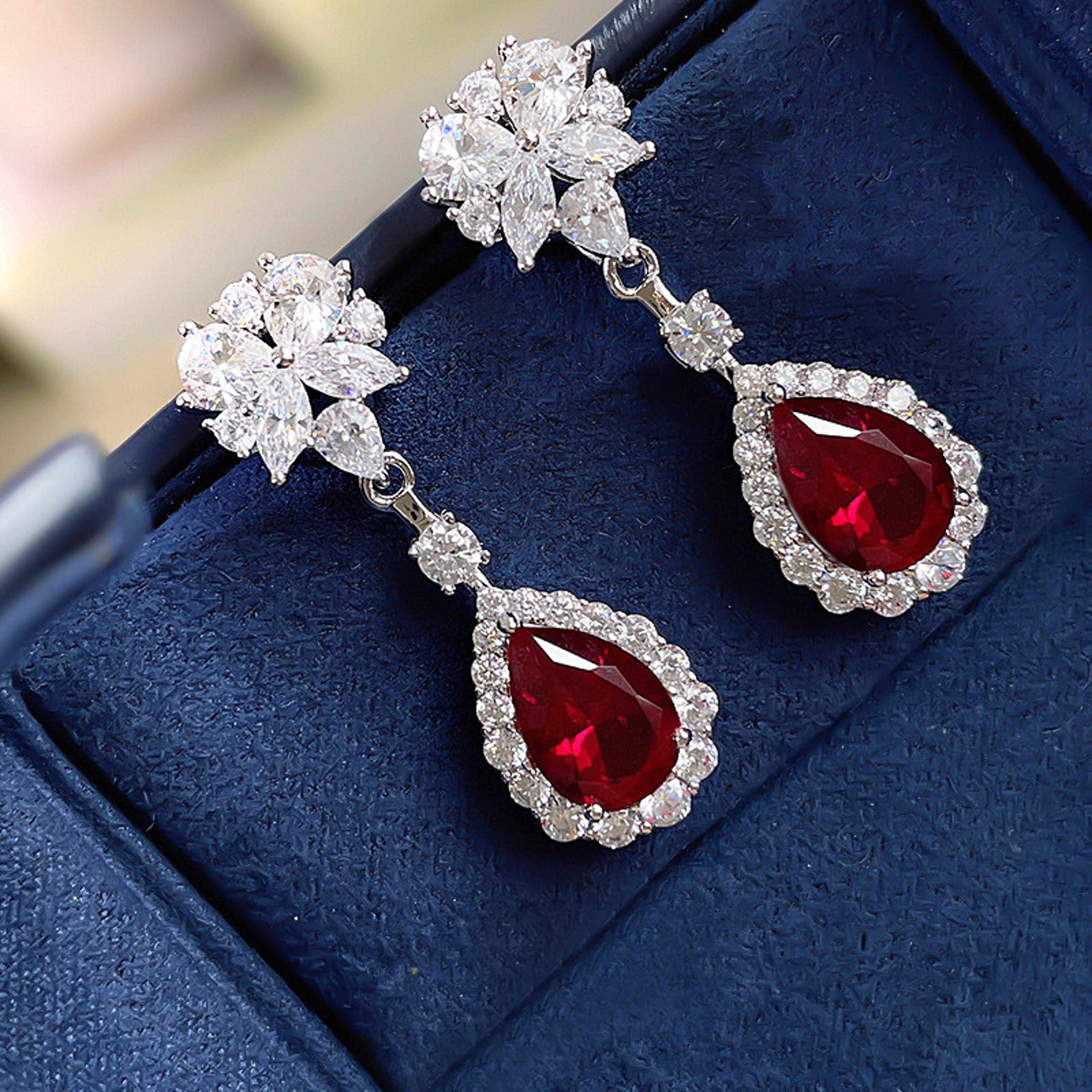 huitan bright red dangle earrings, trendy jewelry for women, aesthetic flower design, bridal wedding anniversary gift