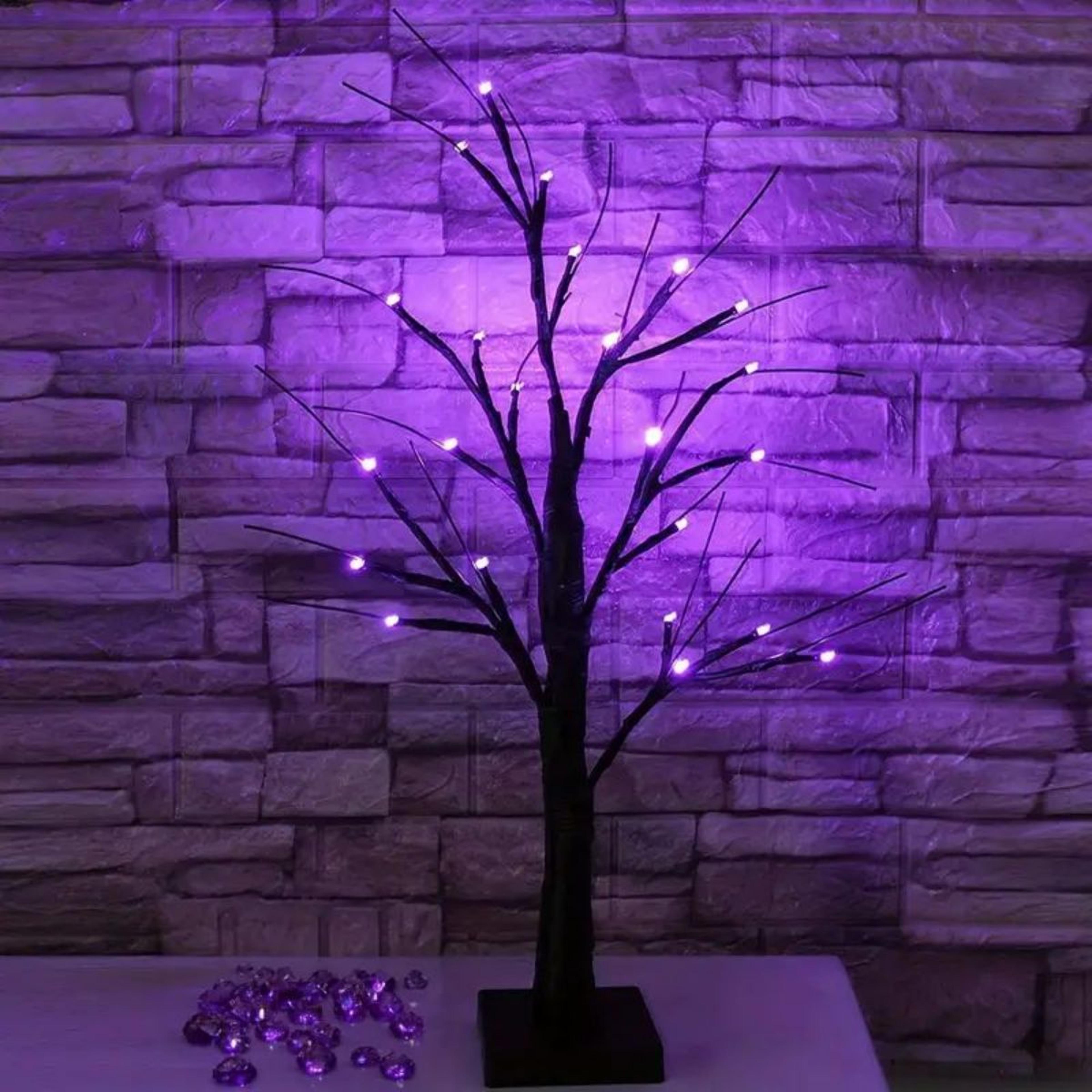 birch tree lights , orange and purple illuminated halloween, battery powered usb decor, black branch tree lights