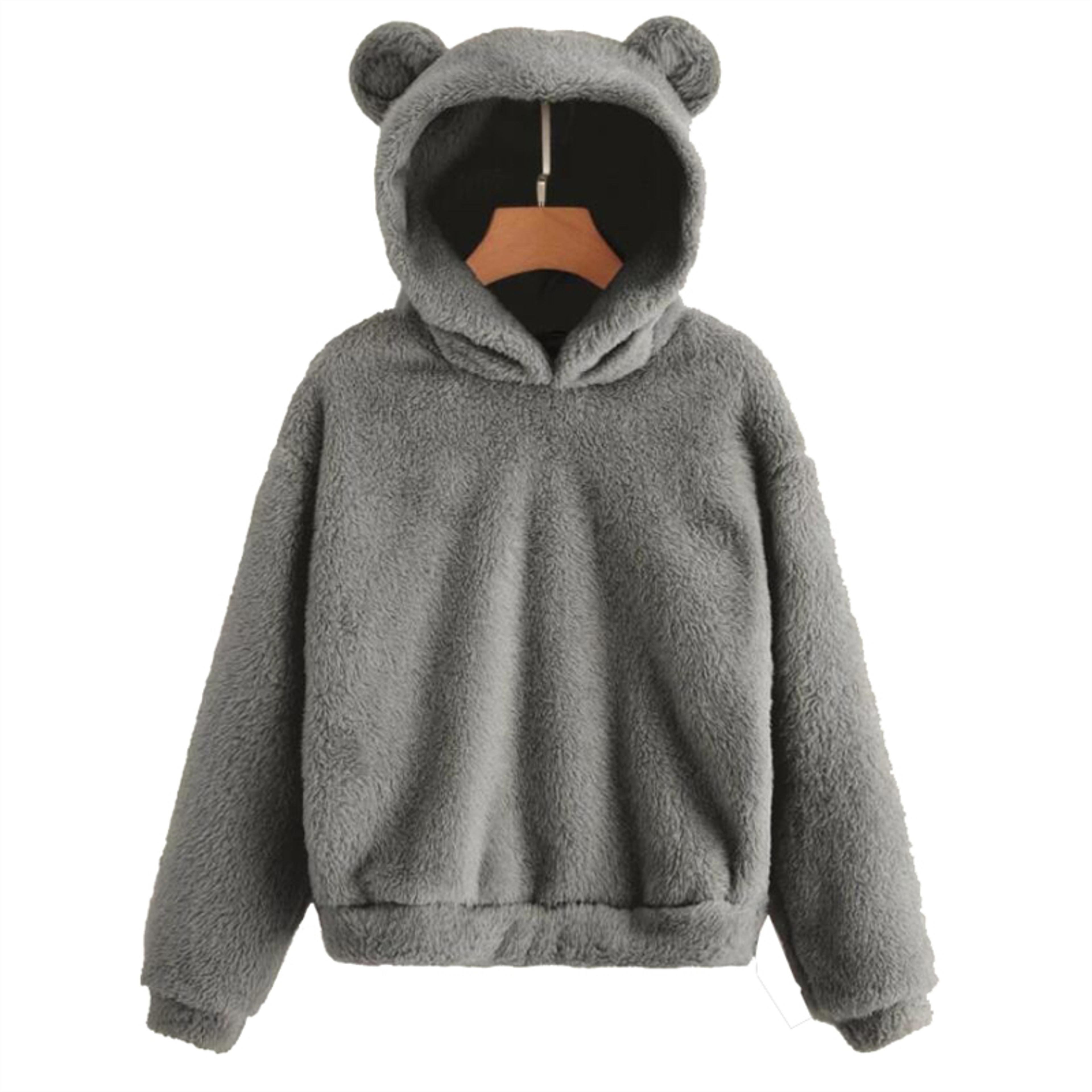 Cute Loose Hoodie With Bear Ears Winter Korean Fashion Fluffy Hooded Warm Sweatshirt Solid Long Sle 6