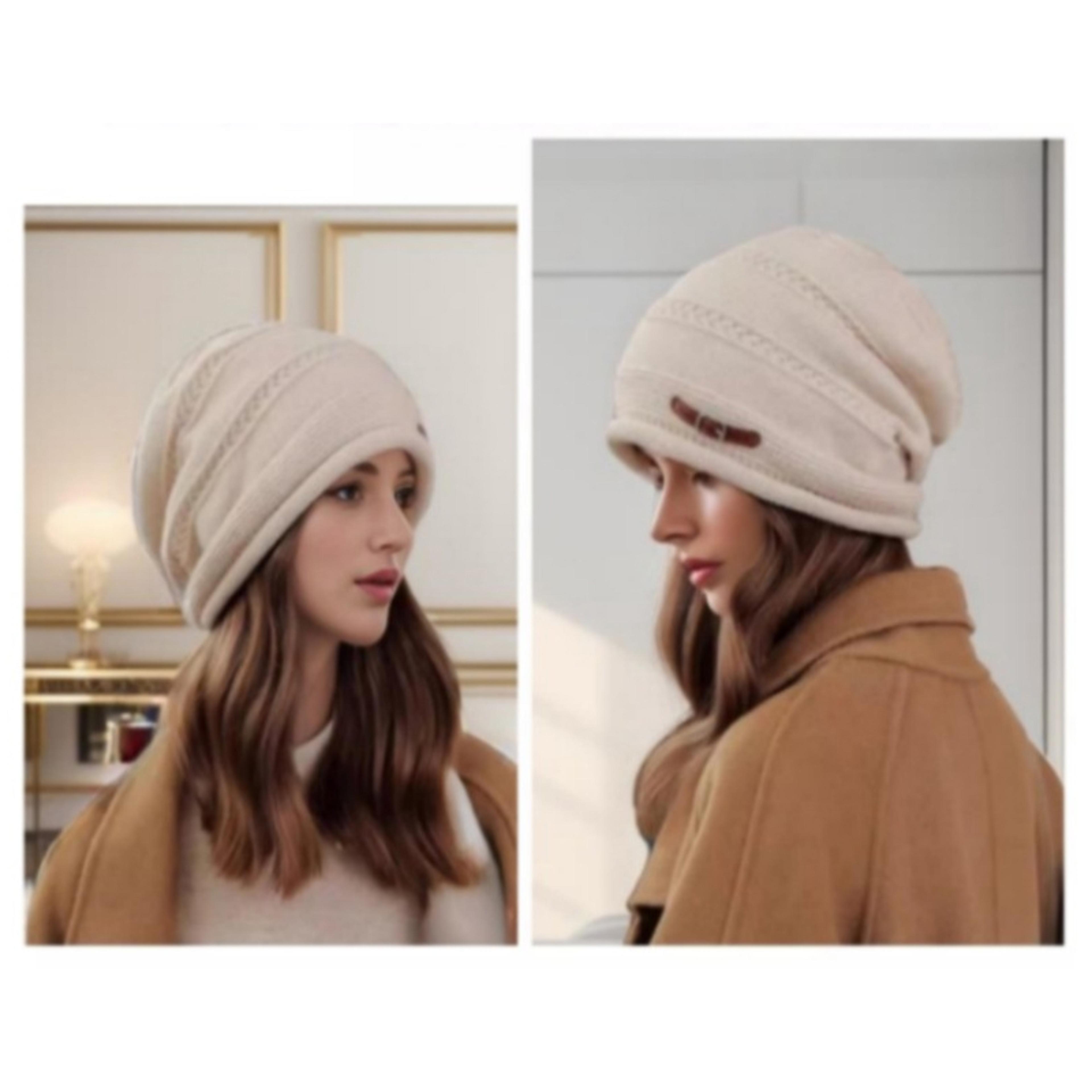 Fleece Lined Womens Knit Beanie Hat Autumn Winter Warm Large Size Full Coverage Stackable Design 4