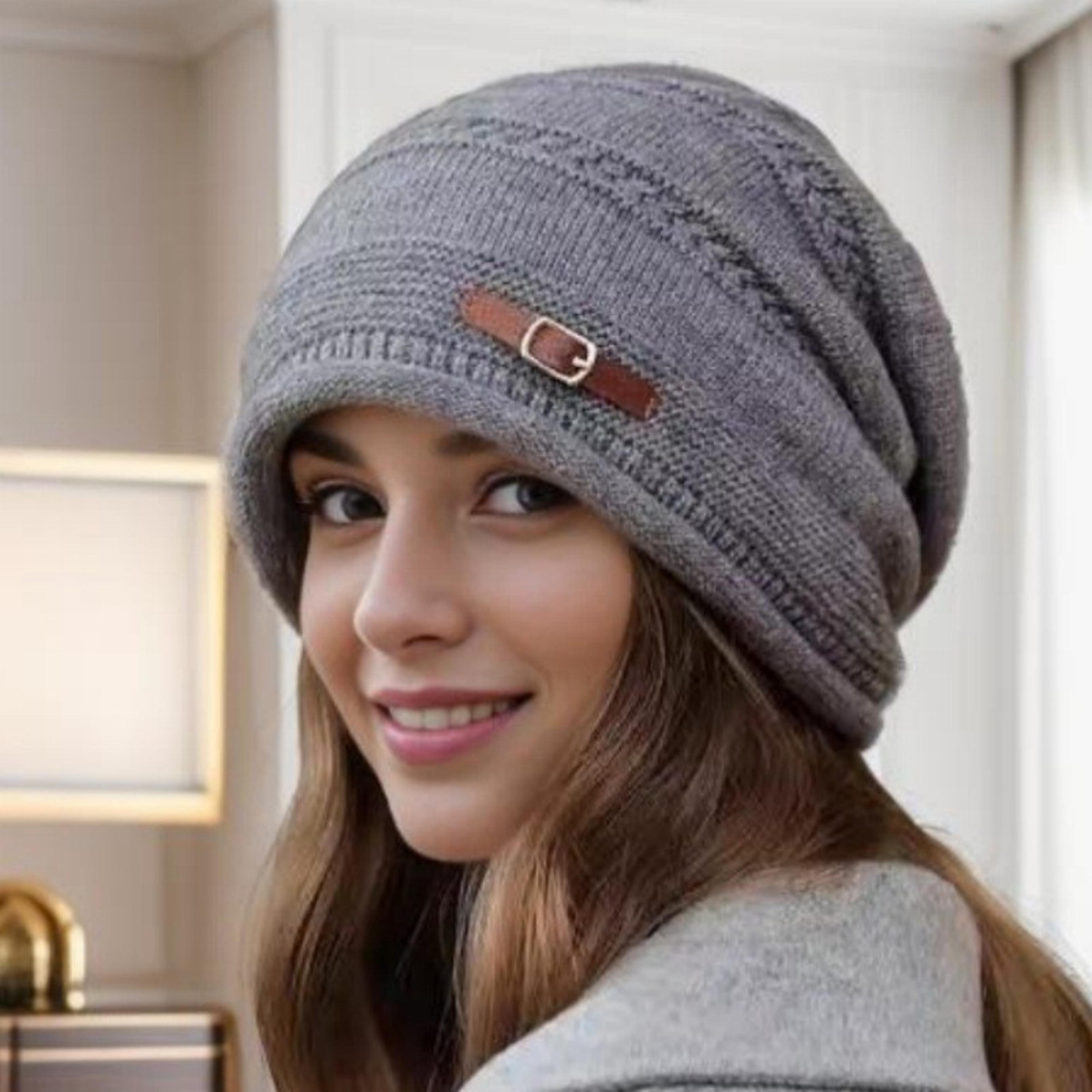 Fleece Lined Womens Knit Beanie Hat Autumn Winter Warm Large Size Full Coverage Stackable Design 8