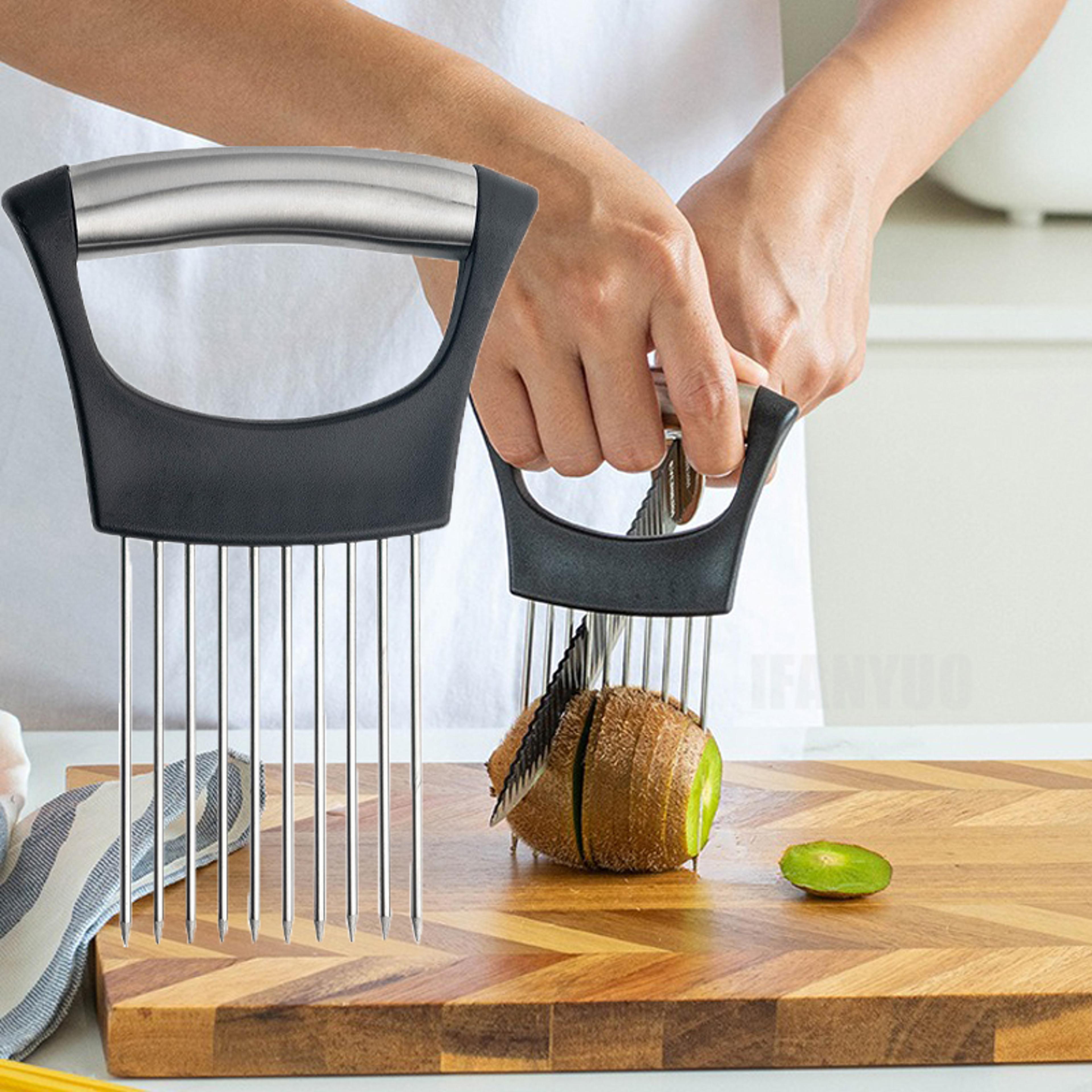 easy onion chopper with stainless steel holder, colorful onion slicer for potatoes and vegetables, kitchen accessories