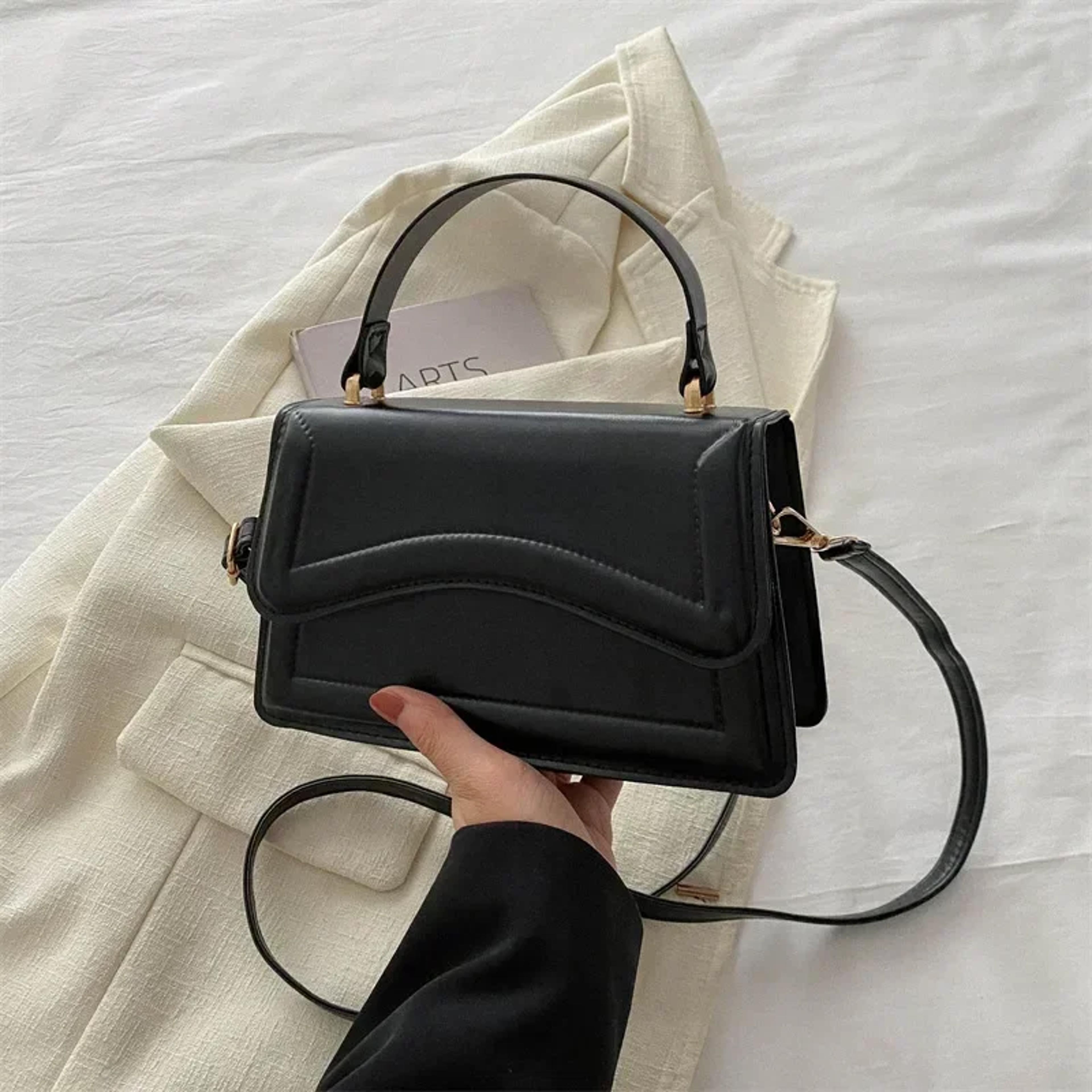 pu leather messenger tote for women, small solid color handbag with shoulder strap