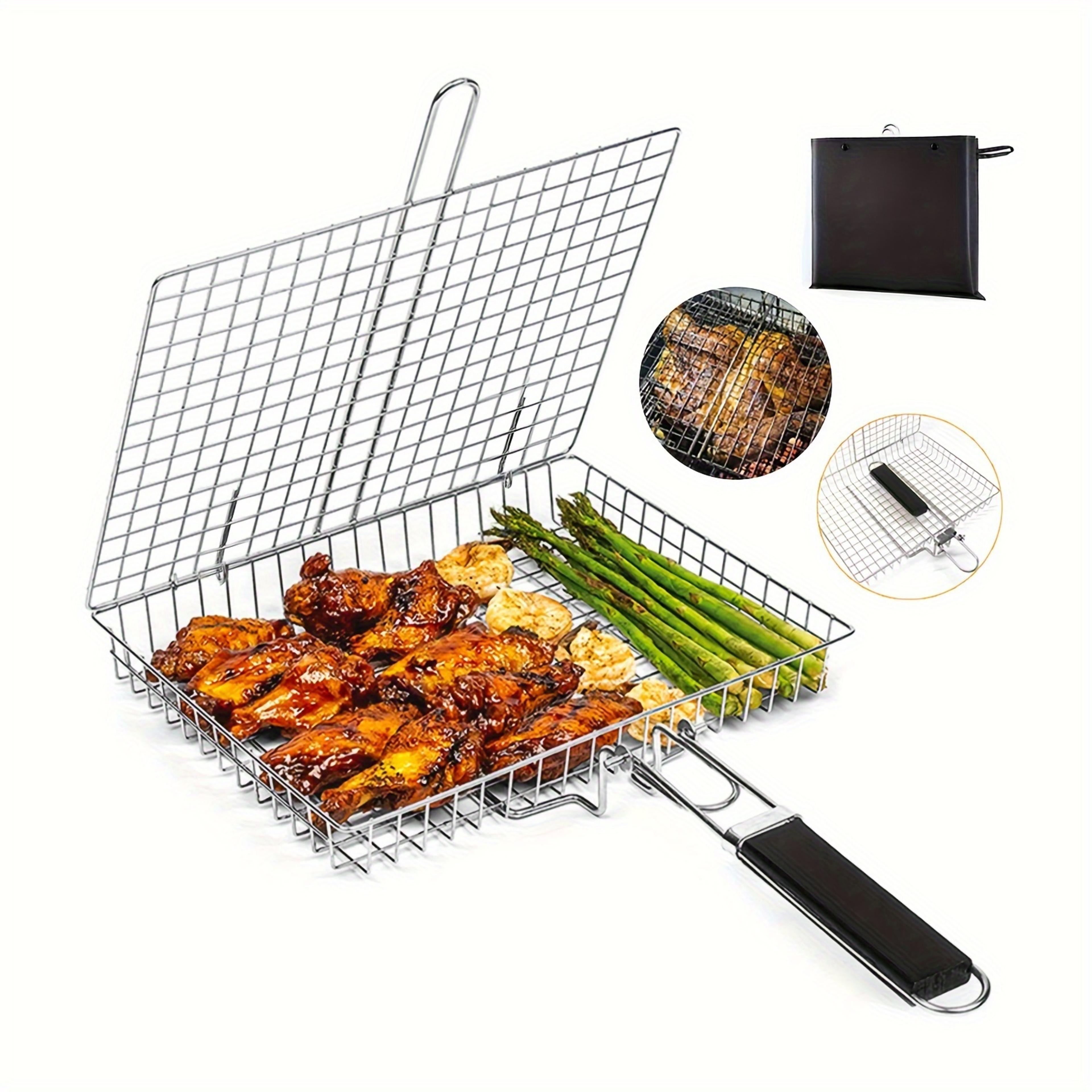foldable stainless steel bbq grilling basket, large capacity for chicken, fish, and vegetables with nonstick mesh